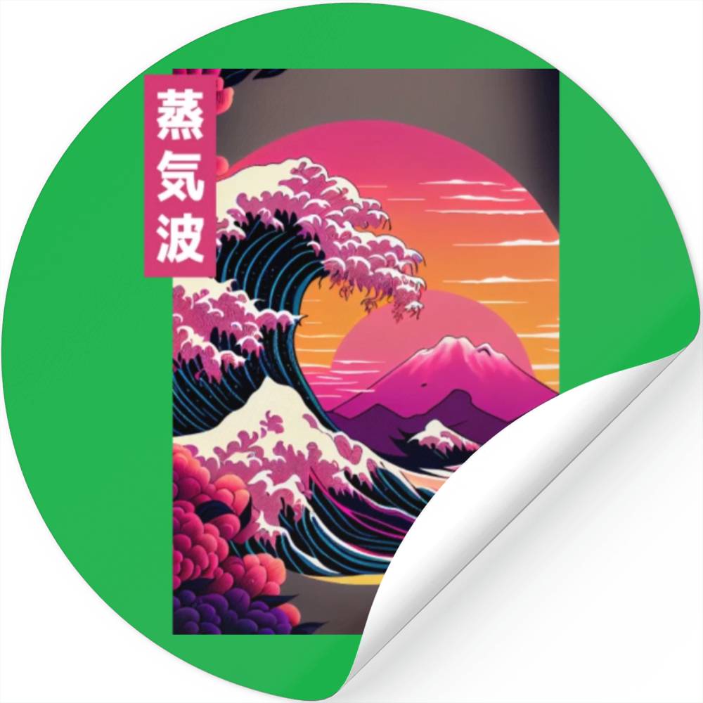 Japanese Art Great Wave Kanagawa Retrowave Style Stickers