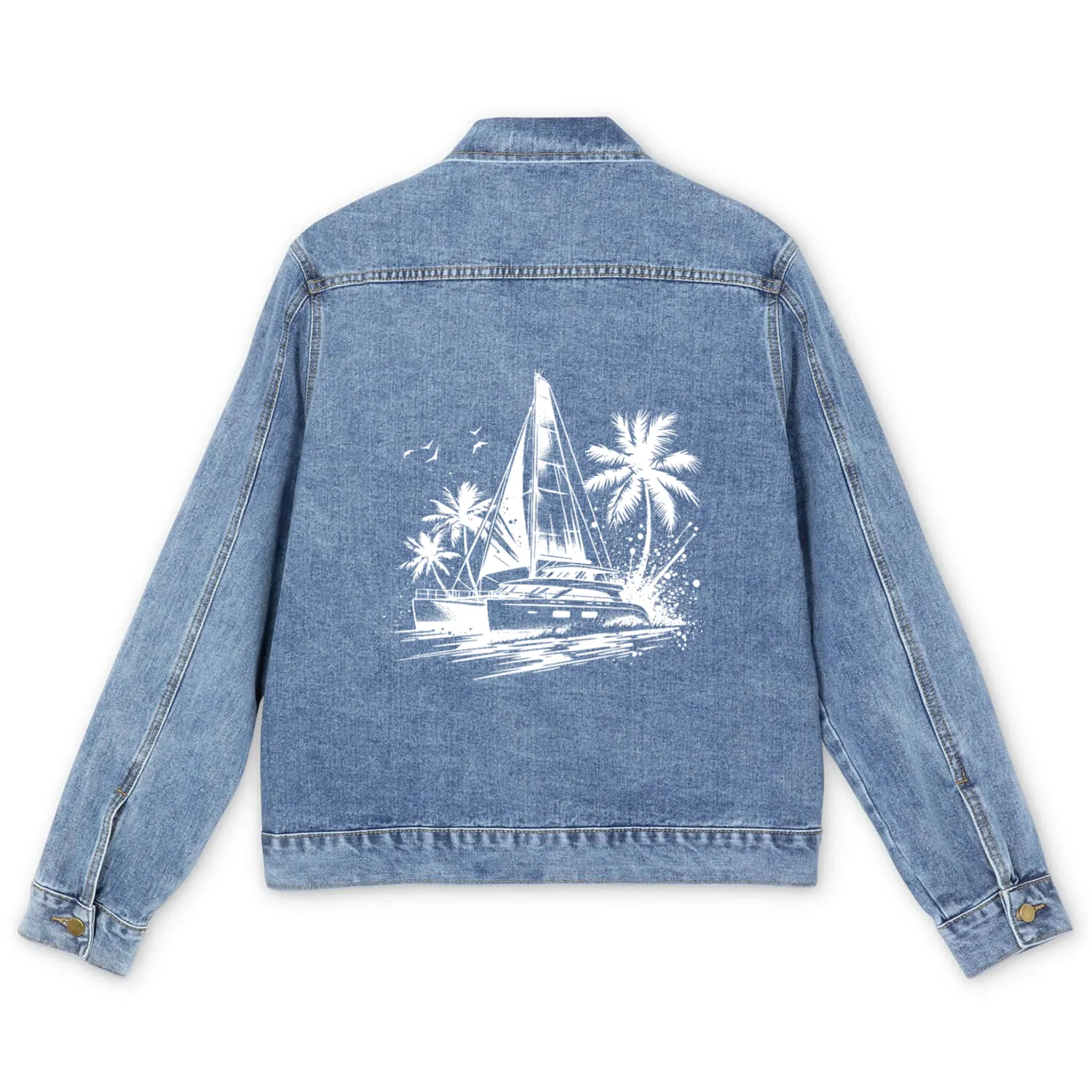 Double Hull Catamaran Sailing Boat Caribbean Palms Men's Denim Jackets