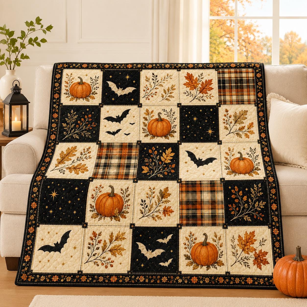Halloween Patchwork Quilt Blanket, Autumn Leaves Bat Cozy Throw Blanket, Spooky Harvest Home Decor