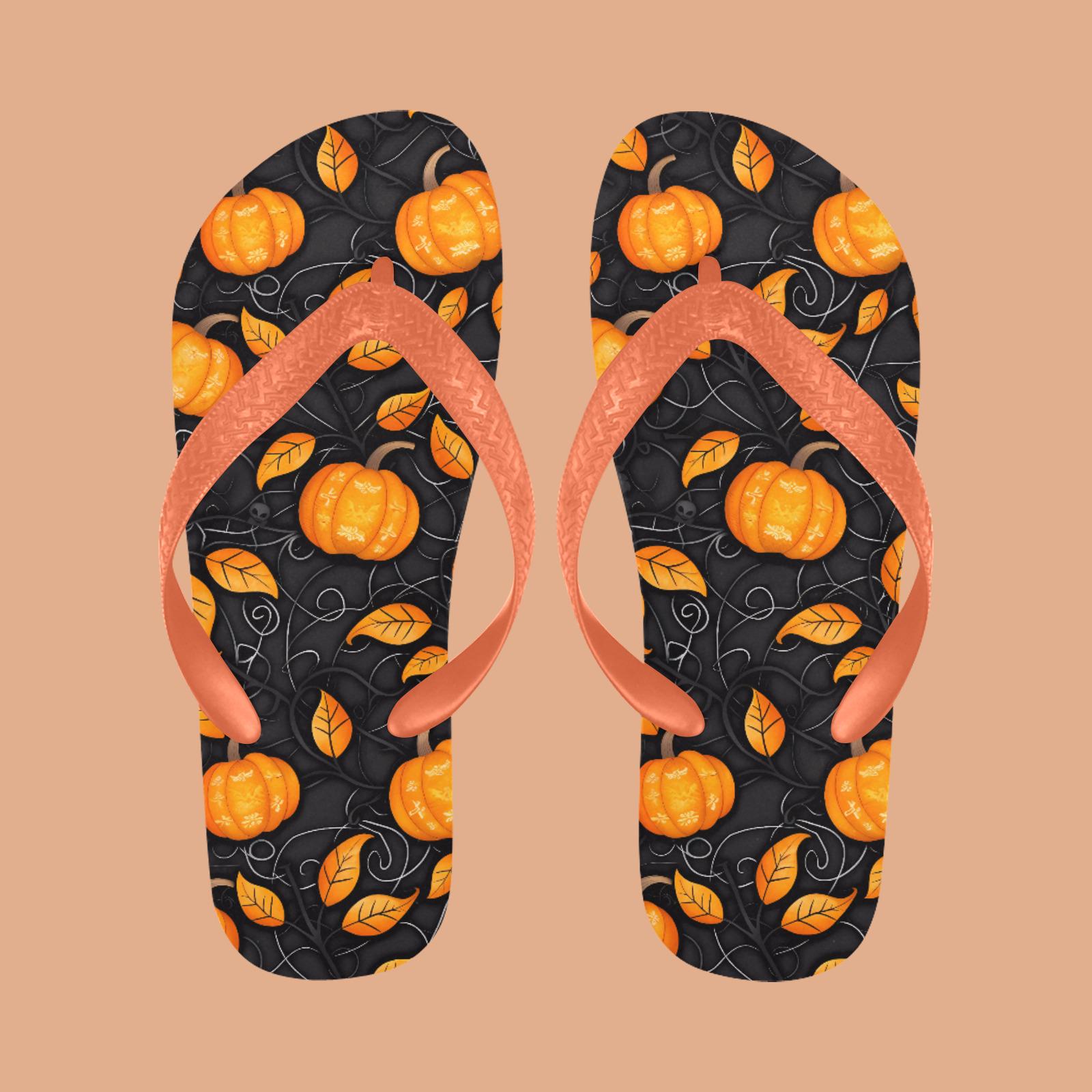 pumpkin flip flops, autumn sandals, Halloween footwear, fall-themed sandals, unique pumpkin design, seasonal flip flops