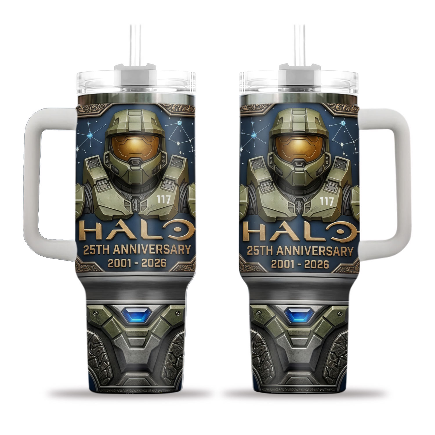 Halo 25th Anniversary Stainless Steel Tumbler with Handle, Master Chief Insulated Cup, Halo Game Fan Gift
