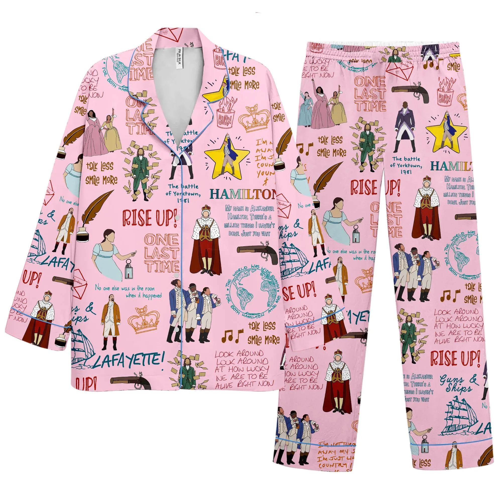 Cartoon Hamilt0nn Style Pink Pajamas Set, Comfortable Loungewear Hamilt, Funny Pattern Sleepwear Gift, Cute Loungewear Sleep Set Hamilt