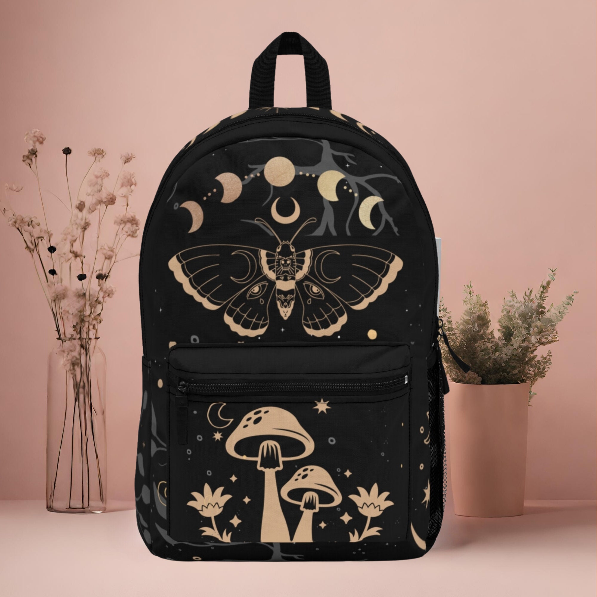moth boho backpack, witchy moon bag, whimsigoth mushroom bag, gothic backpack, moon backpack, work bag, travel bag, back to school backpack