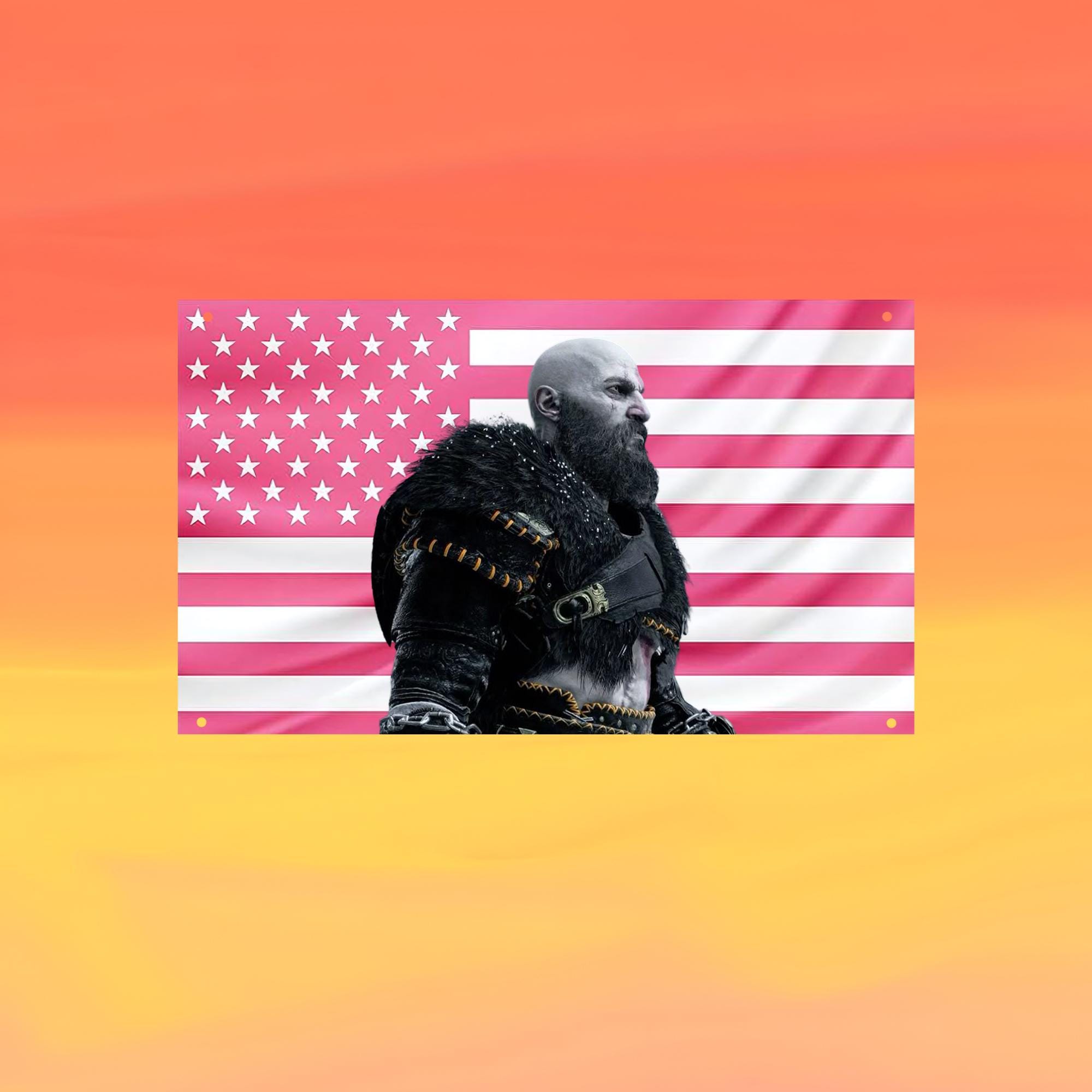 Kratos Pink US Wall Tapestry Flag, God of War Wall Art, Gaming Bedroom Decor, Gamer Fan Banner