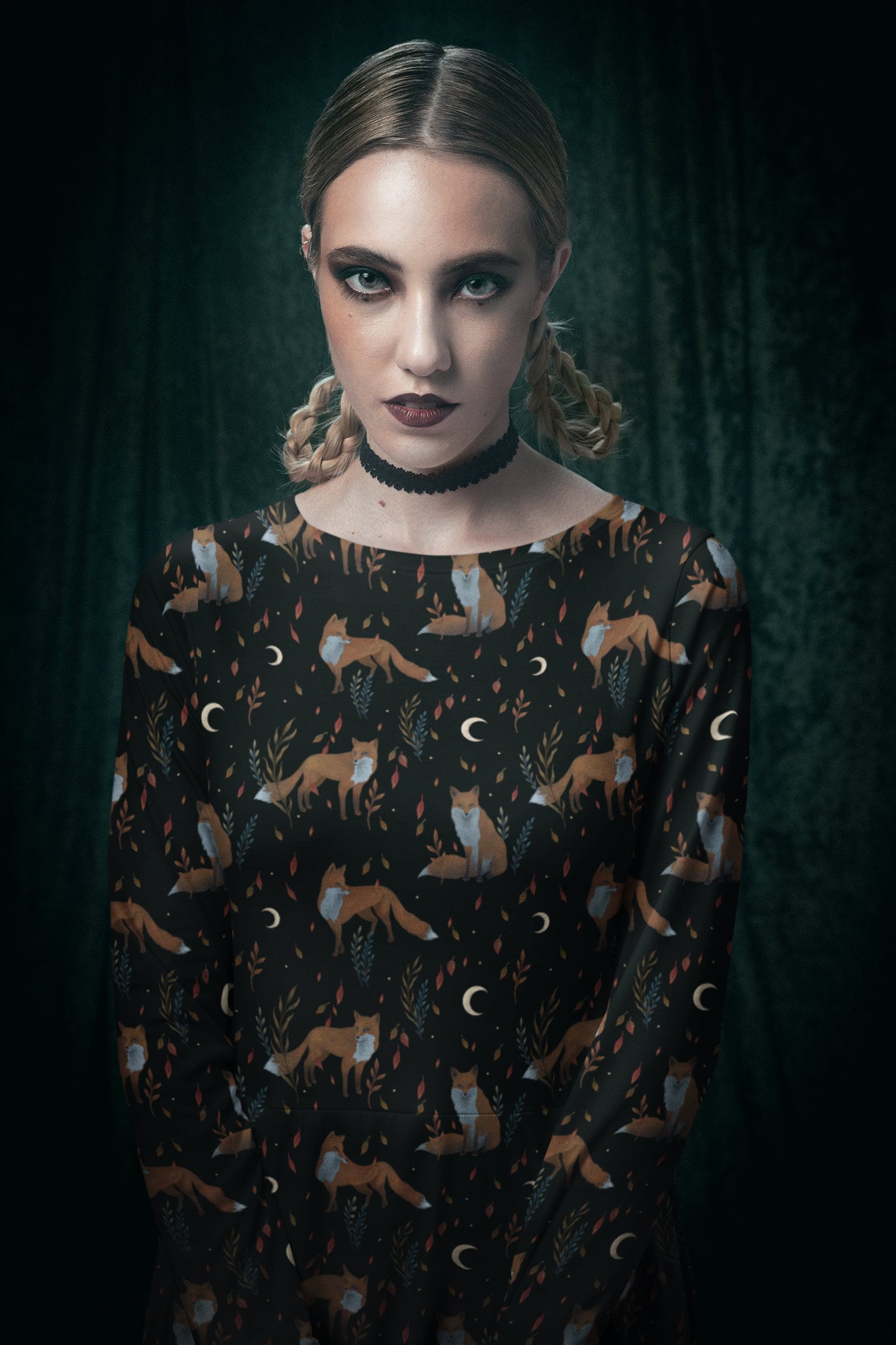 Fox Den - Long Sleeve Midi Dress - All-Over Print