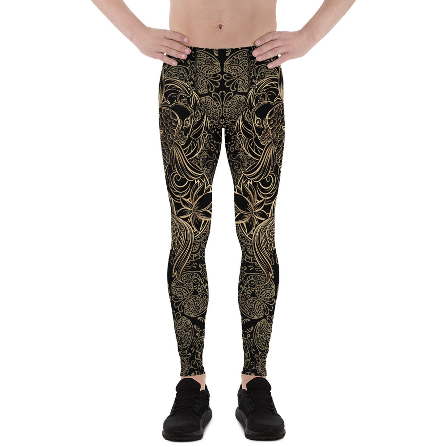 Mens Leggings - Meggings - Golden Koi Fish in a Art Deco Tattoo