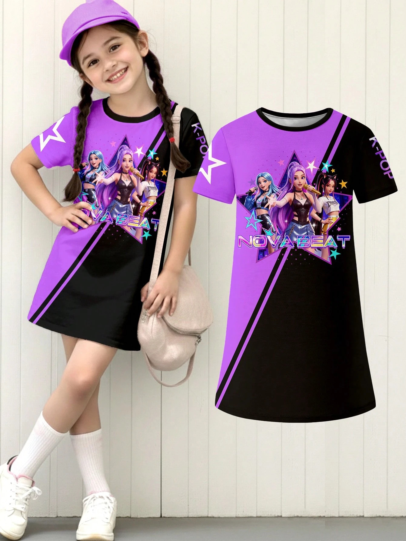 Little Girl's Purple Black Split NOVA BEAT Kpop Demon Hunter T-shirt Dress, Summer Short Sleeve Dress Gift