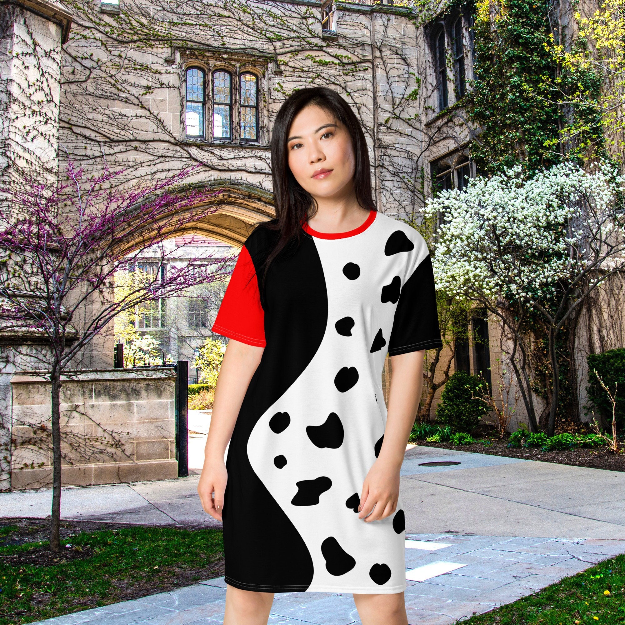 Cruel Villain Dalmatian Spotted Black and White T-Shirt Dress