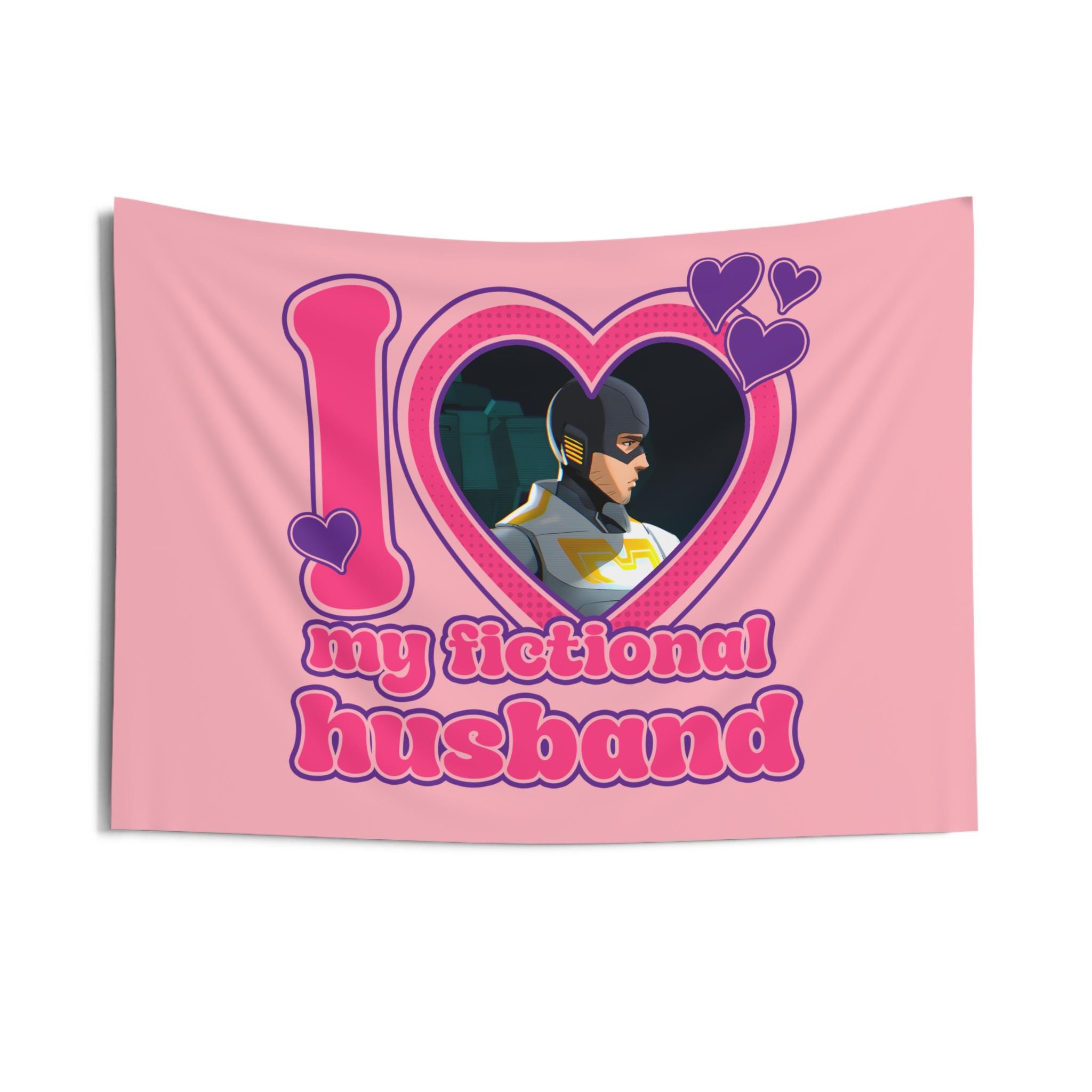I love my fictional husband Mecha Man Flag, Robert Robertson III Dispatch Indoor Wall Tapestries, Robert Robertson Dispatch Pink Flag