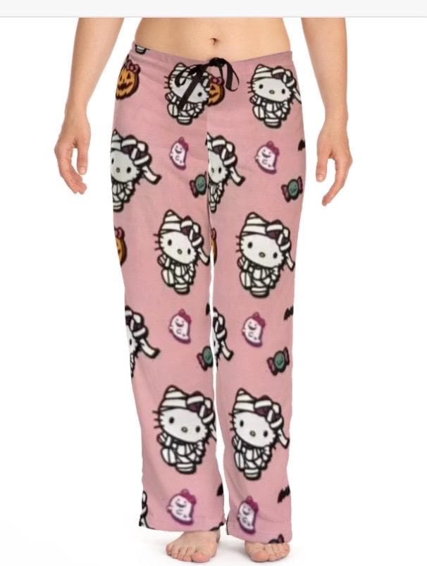 Retro pink mummy Halloween spooky black cat Kitty Pajama Pants Lounge sleep Cozy Holiday Anime Gift