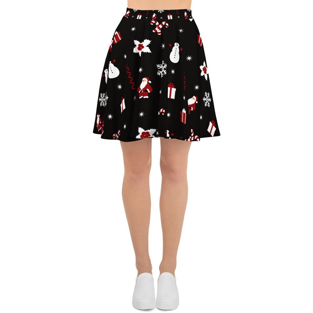 Christmas Skirt Petite to Plus Size XS-3XL Mini Skater Skirt, Cute festive Holiday Attire, Christmas Party Wear, Fun Snowman and Santa Print