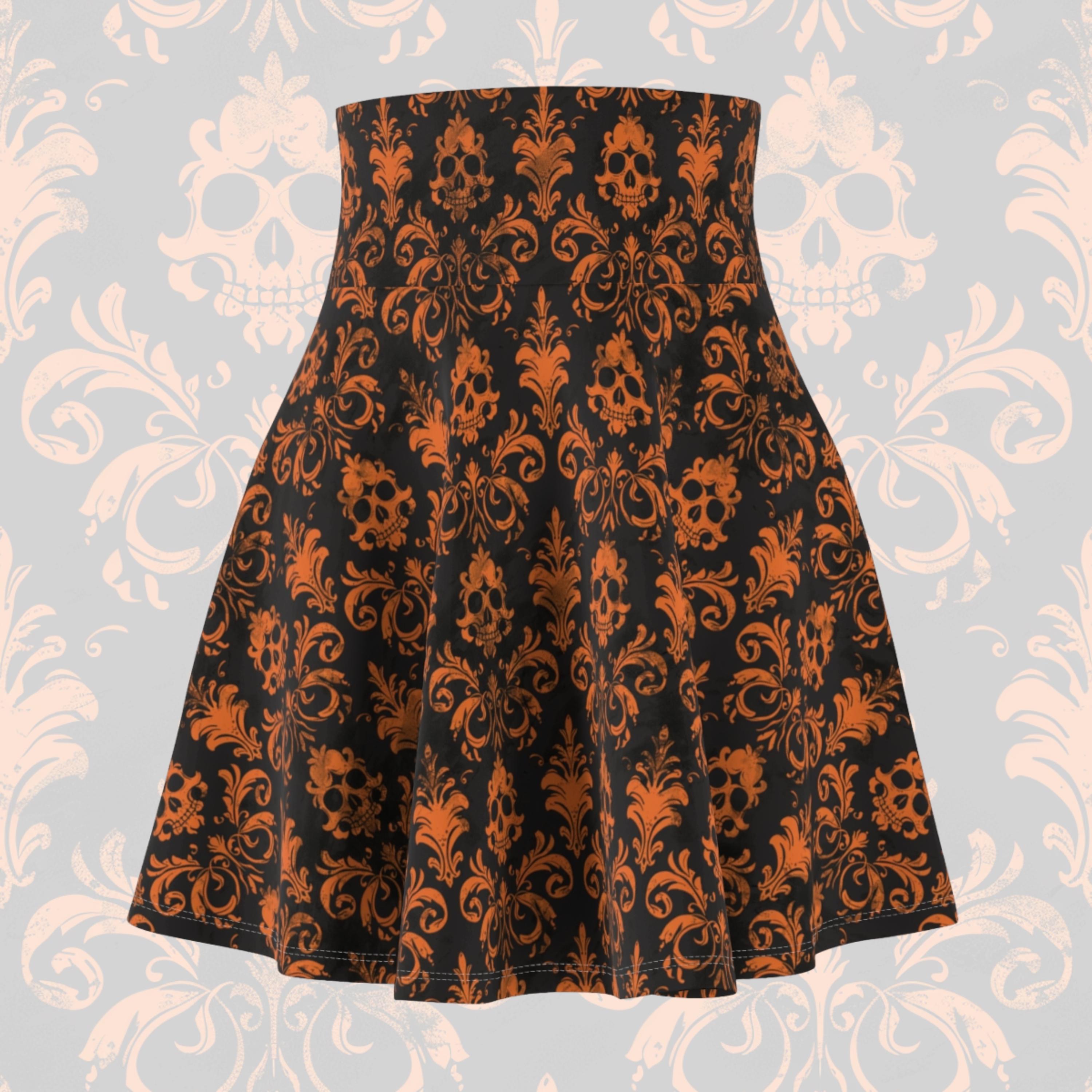 Women's Orange and Black Skull Damask Circle Skirt, Black Halloween High Waist Skater Skirt, Elegant Orange Damask All Size Stretchy Skirt