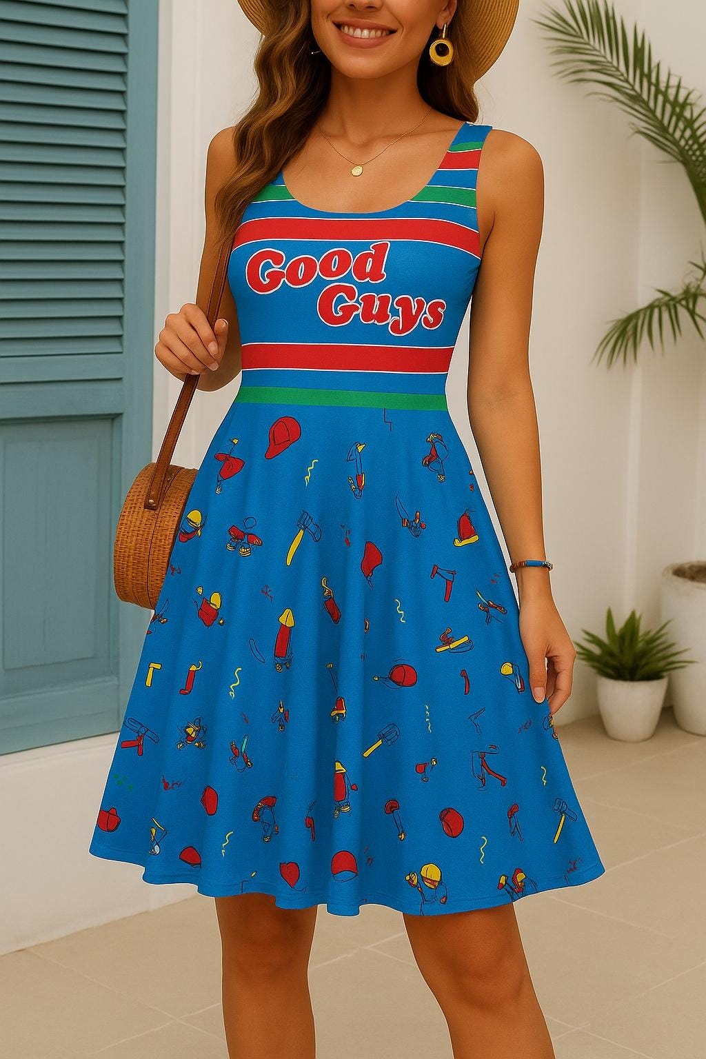 Good Guys Dress for Women, Chucky Inspired Costume Outfit, Blue Skater Halloween Cosplay Dress, Spooky Party Clothing