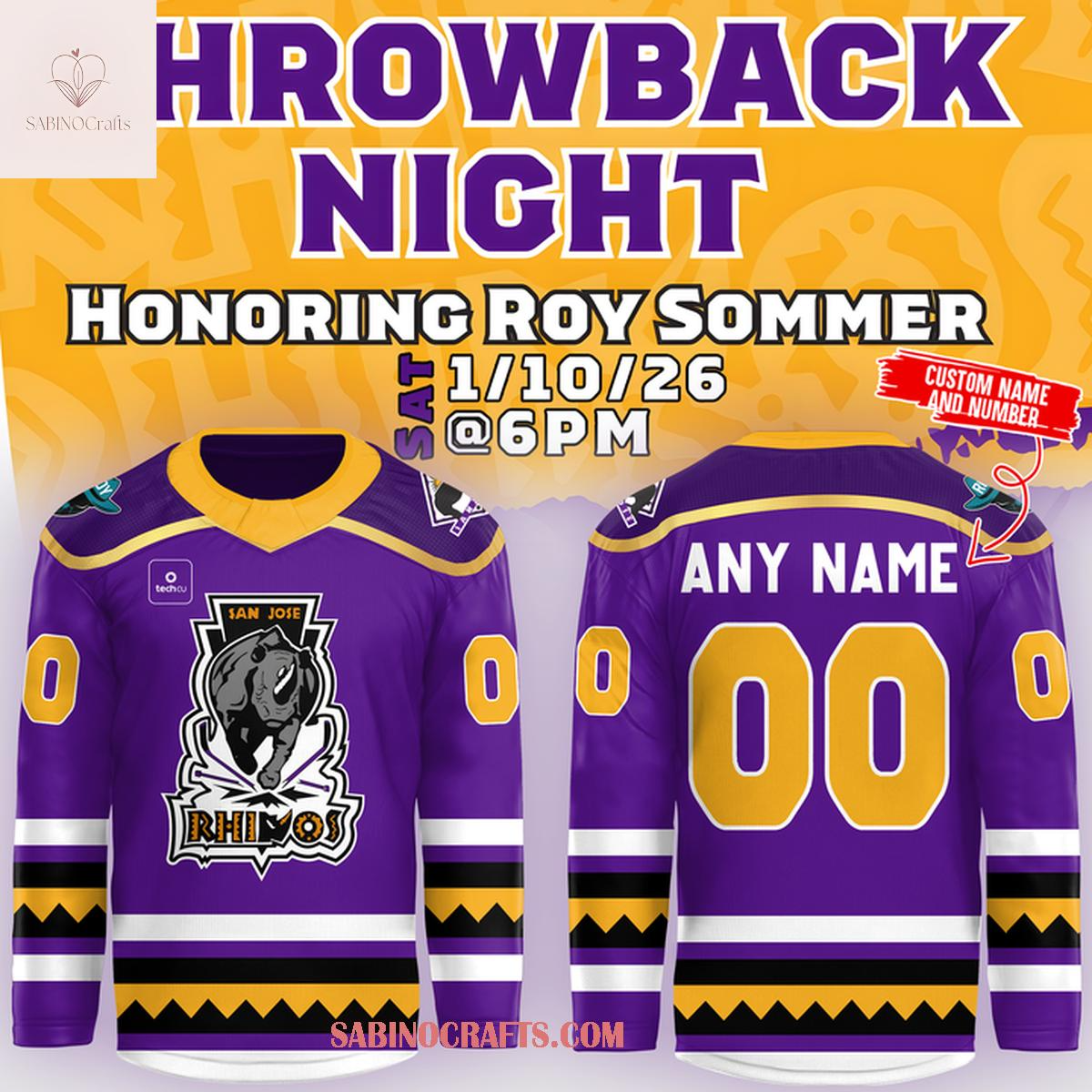 San Jose Rhinos Roy Sommer Throwback Night 2026 Personalized Hockey Jersey
