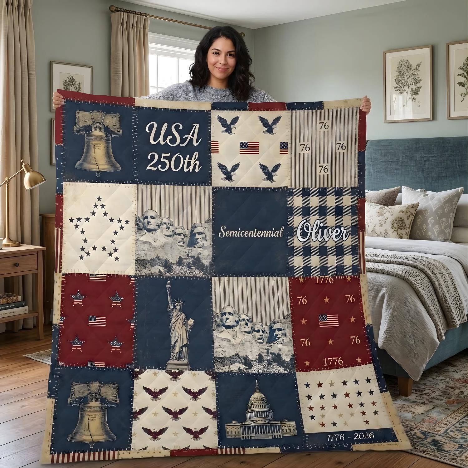 Personalized USA 250th Anniversary Quilt Blanket For Oliver, Custom Semicentennial Patriotic Patchwork Quilt, American Pride Heritage Gift