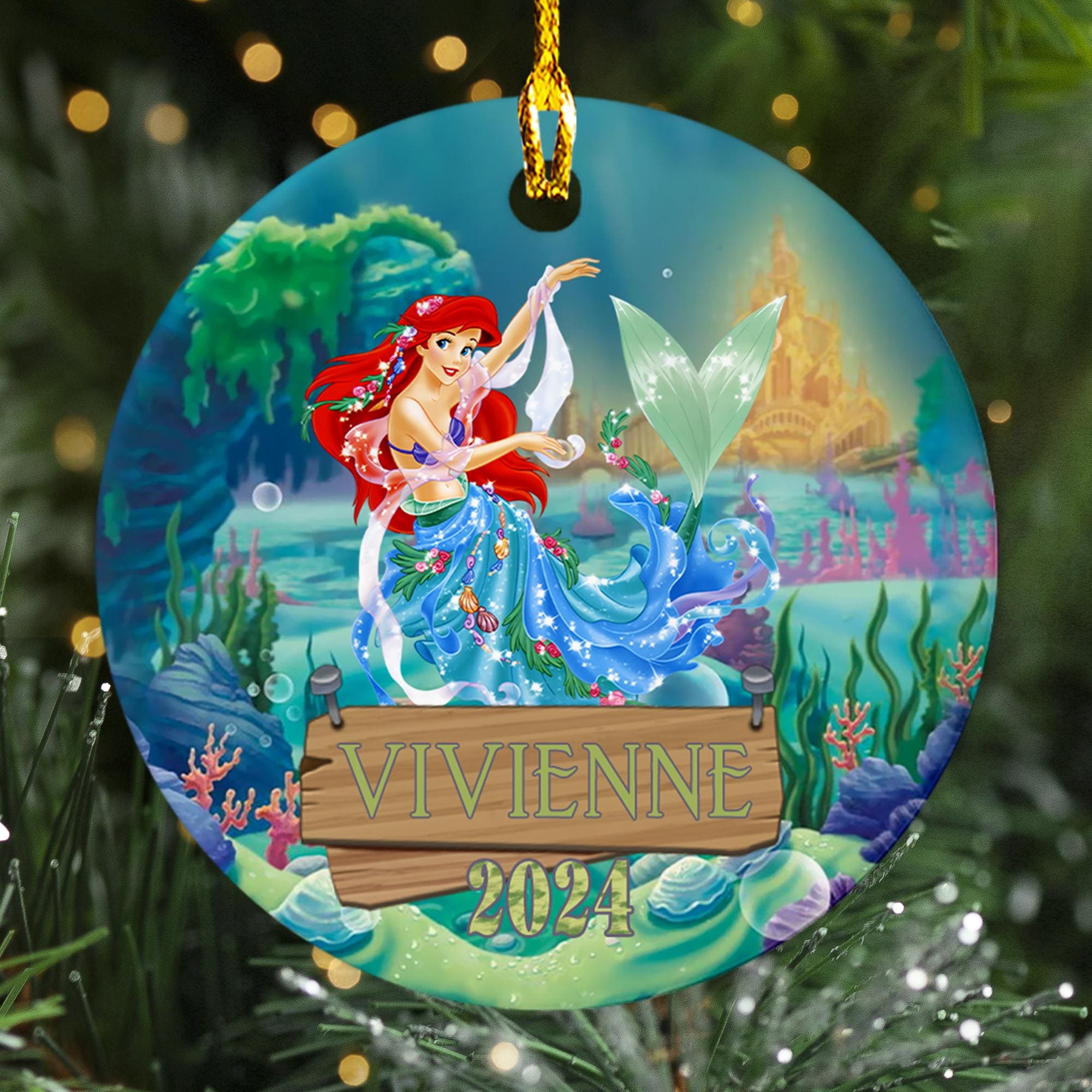 Personalized Princess Mermaid Ceramic Christmas Ornament, Princess Customized 2024 Christmas Tree Decor, Mermaid Princess Xmas Gift For Kid