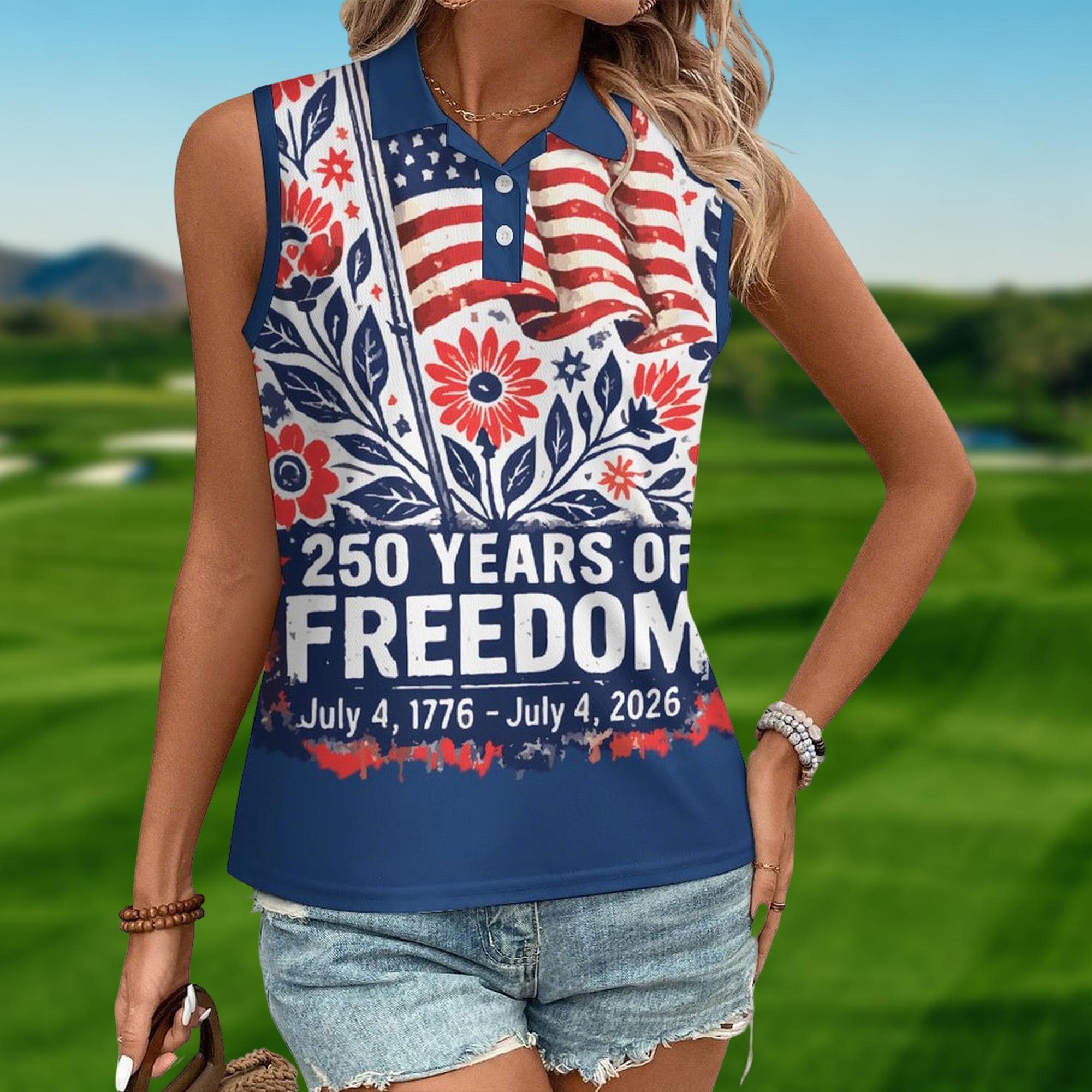 USA 250th Anniversary Women Sleeveless Golf Polo, Semiquincentennial July 4th Patriotic Golf Shirt, American Flag Sleeveless Polo Top