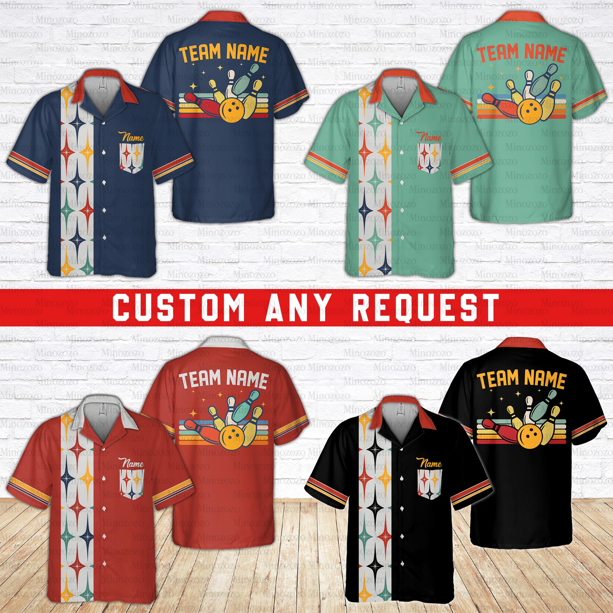 Personalized Bowling Pocket Hawaiian Shirt, Custom Name Bowler Button Down Shirt, Matching Retro Bowling Team Squad, Starburst Bowling Lover