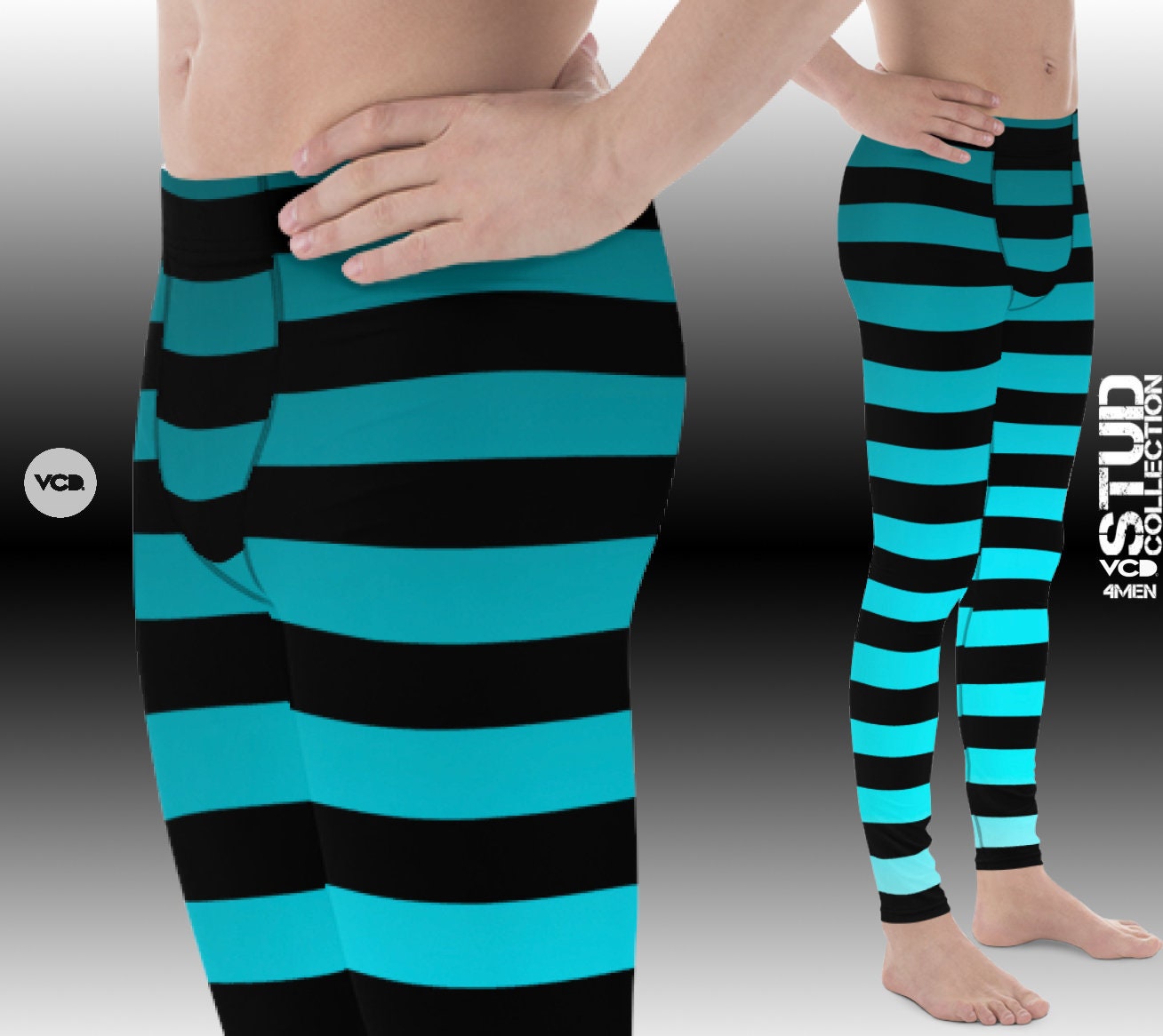 MENS OMBRE LEGGINGS Striped Leggings for Men Blue Ombre with Black Striped