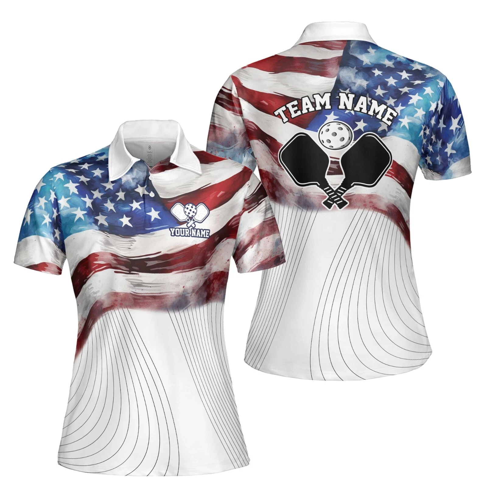 Women's Personalized Name American Flag Patriotic Polo Shirt, Pickleball Approved