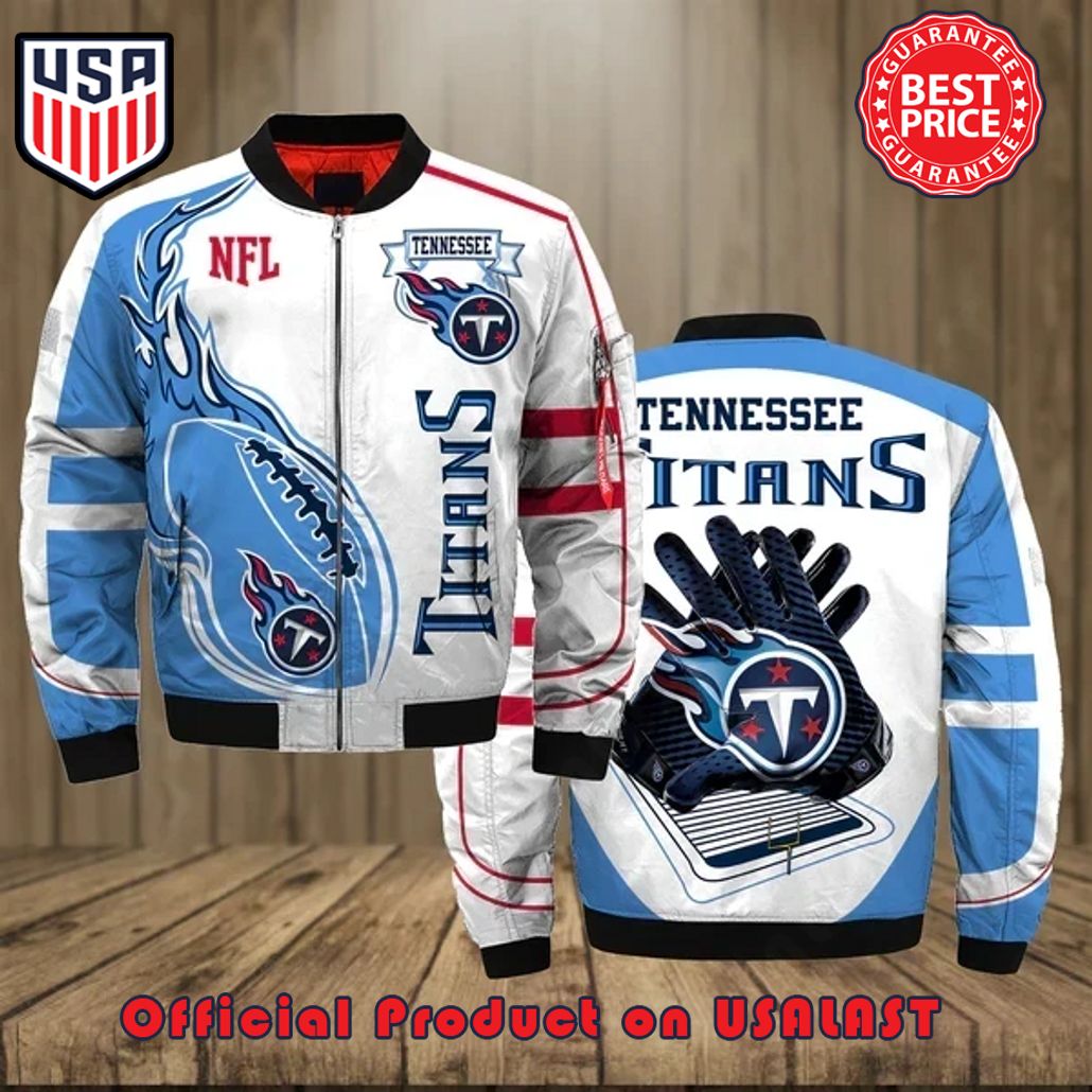 TENNESSEE TITANS TEAM LOGO PATTERN BOMBER JACKET – WHITE AND BLUE