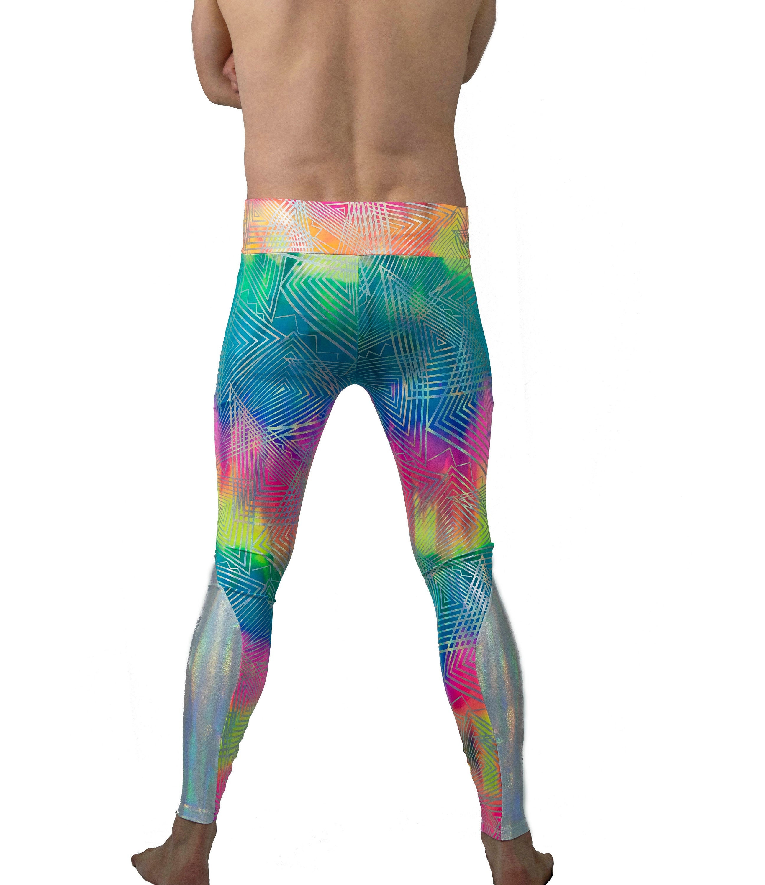 Tie Dye Leggings Meggings Holographic Mens Leggings sparkle pants Black light