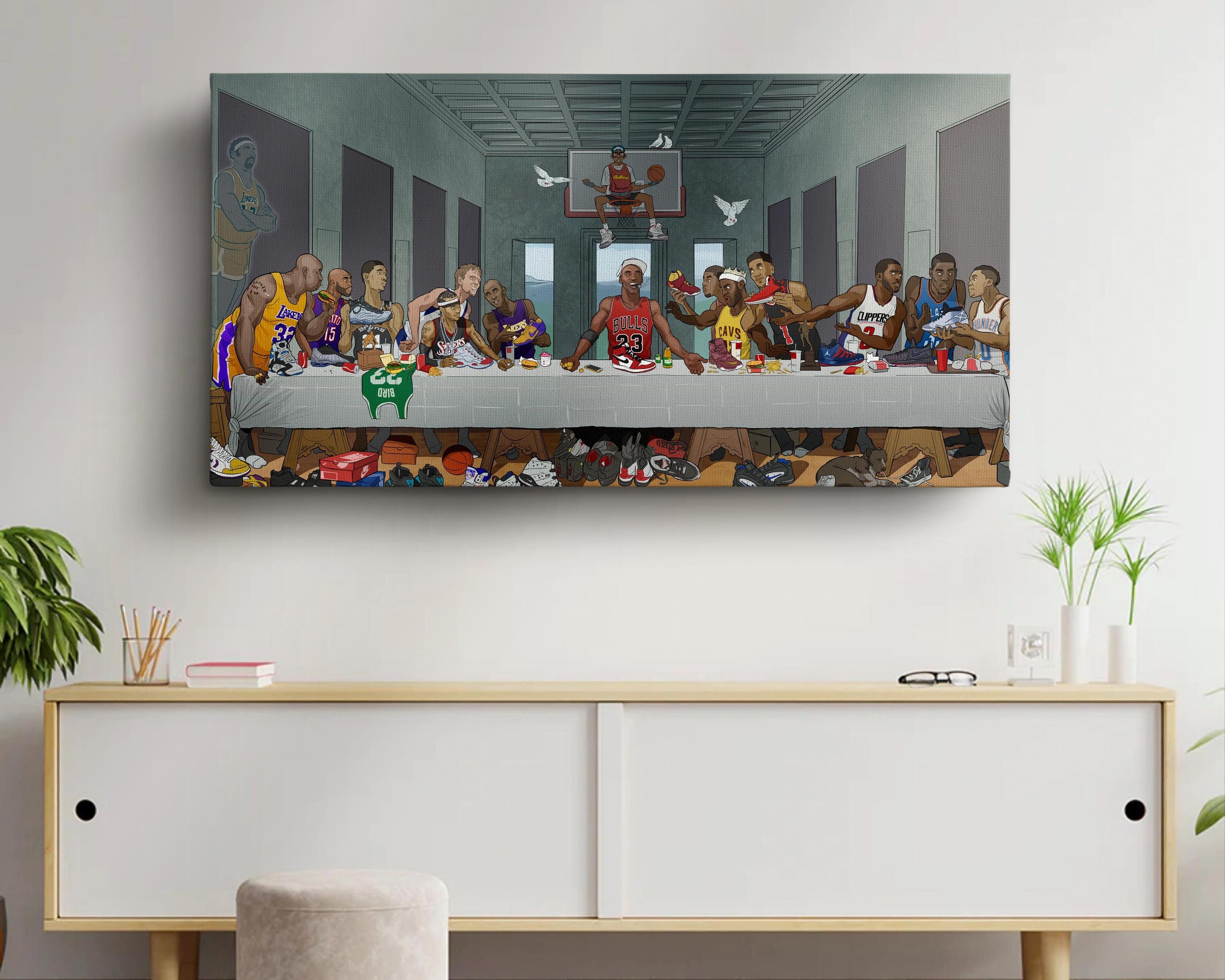 Basketball Superstars Wall Art, All Basketball Legends at Last Supper Ready to Hang Canvas, Gift for Basketball Fans, Large Wall Decor Idea