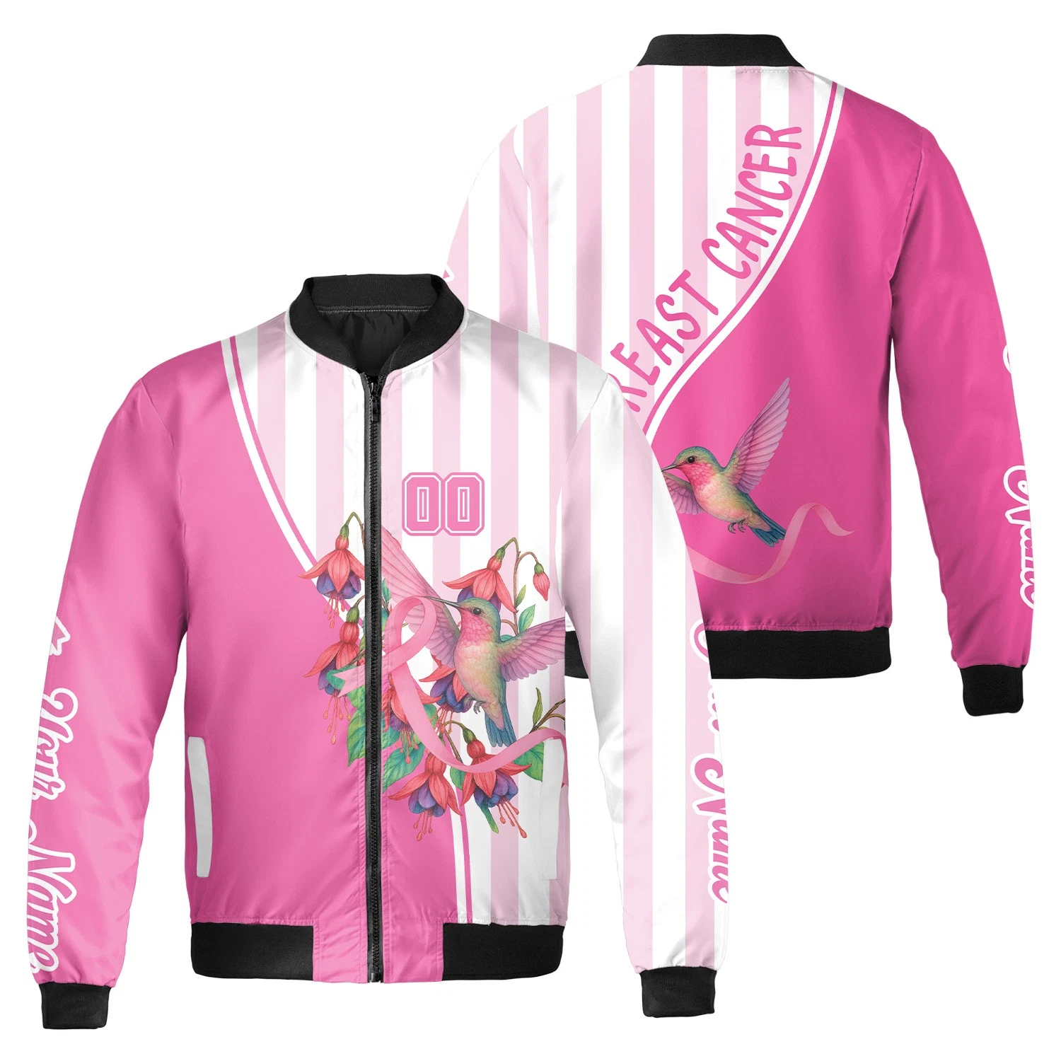 Personalized Floral Hummingbird Breast Cancer Awareness Bomber Jacket