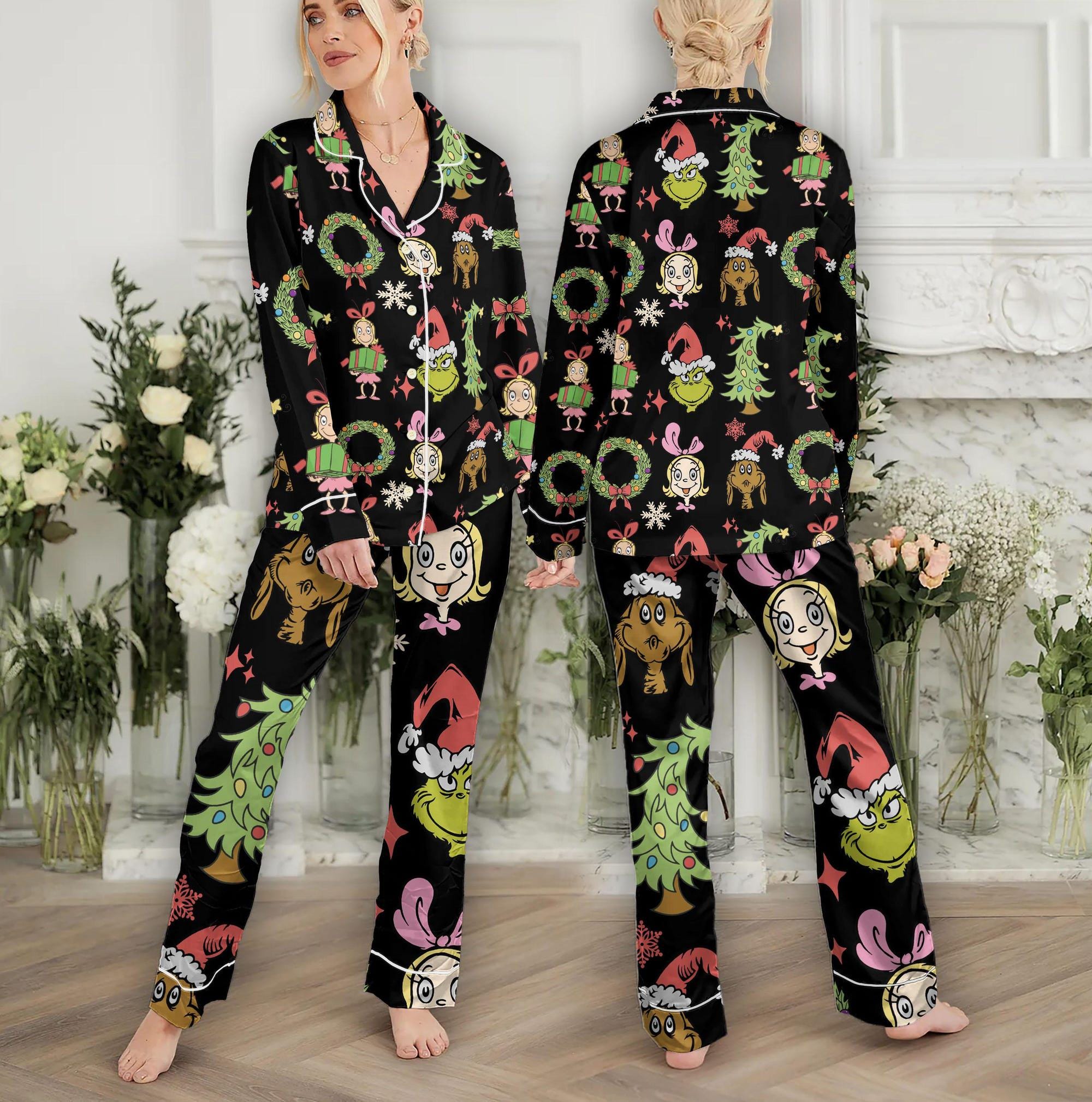 The funny character Christmas Pajamas Set Family, Cindy Lou Who Max Dog funny character Pajamas Set, Whoville University, Merry Grin Pajamas Set Women