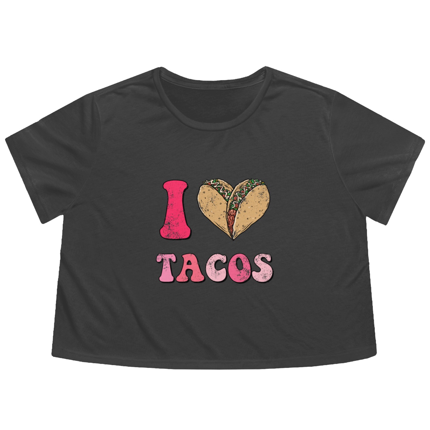 Vintage I Love Taco Valentine, Groovy I Heart Taco Flowy Cropped Tees