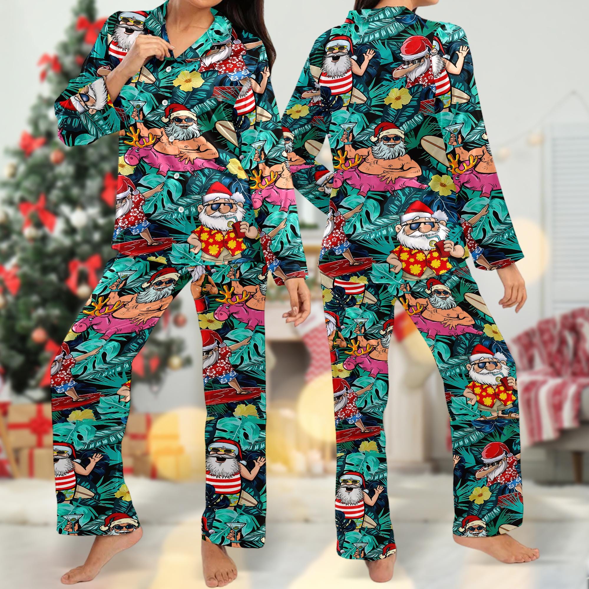 Tropical Santa Aloha Christmas Women Pajamas, Santa Claus Button Up Shirt, Santa Claus Xmas Pajamas, Xmas Holiday Party Gift
