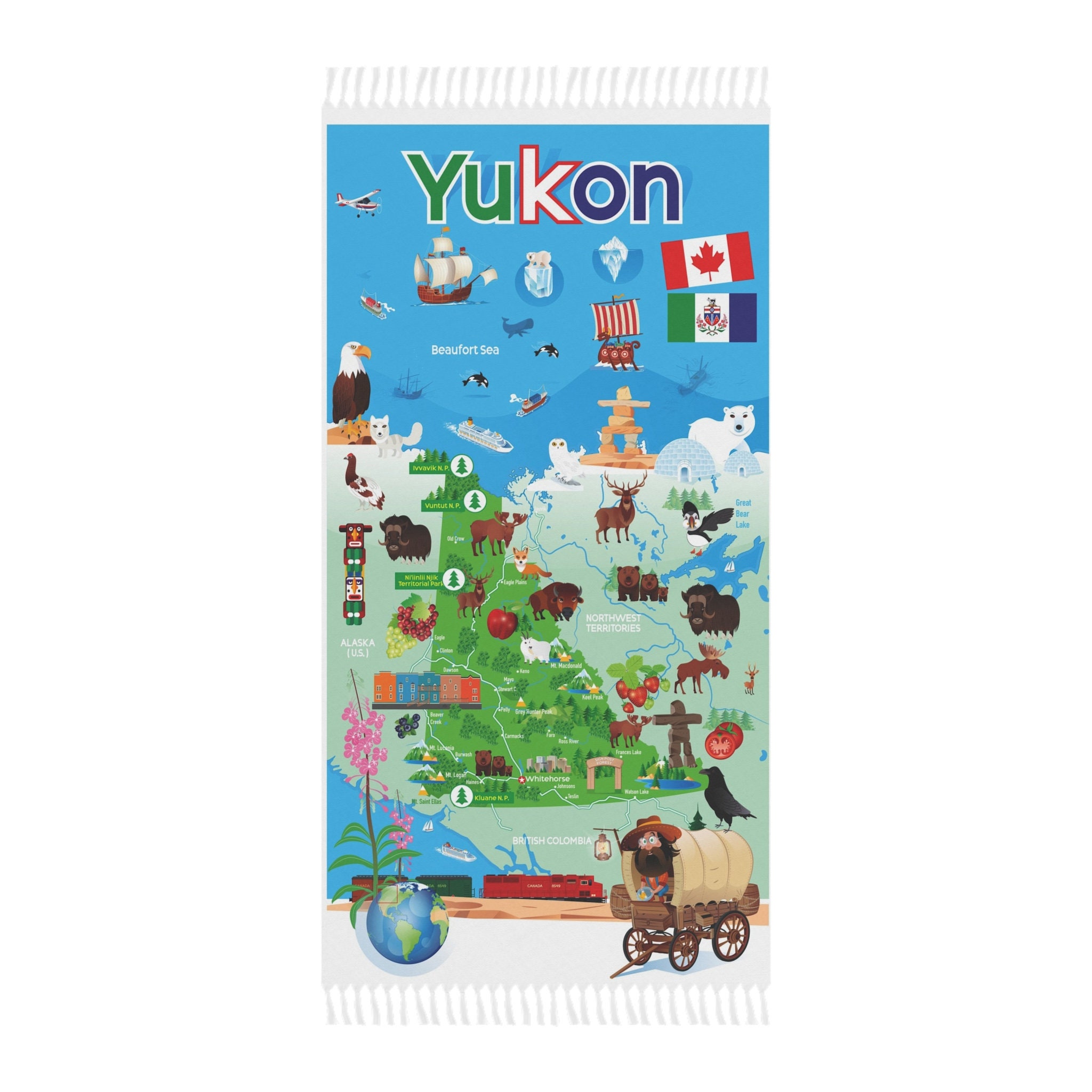 Yukon Travel Map Patterned Boho Beach Cloth, Yukon Cartoon Map Patterned Boho Beach Cloth