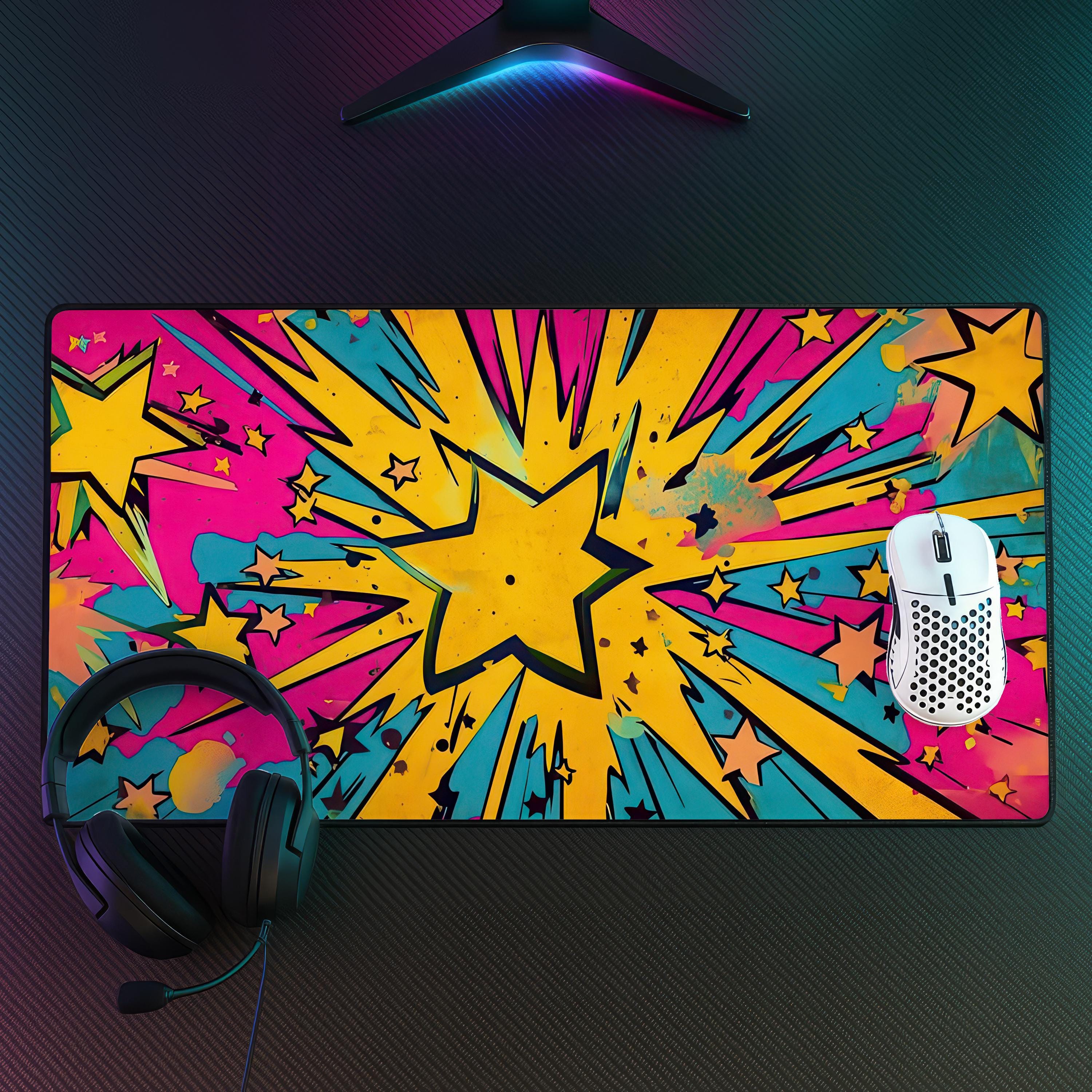 Retro Star Burst Desk Mat, Vintage Pop Art Mouse Pad, Hippie Aesthetic Gaming Mousepad