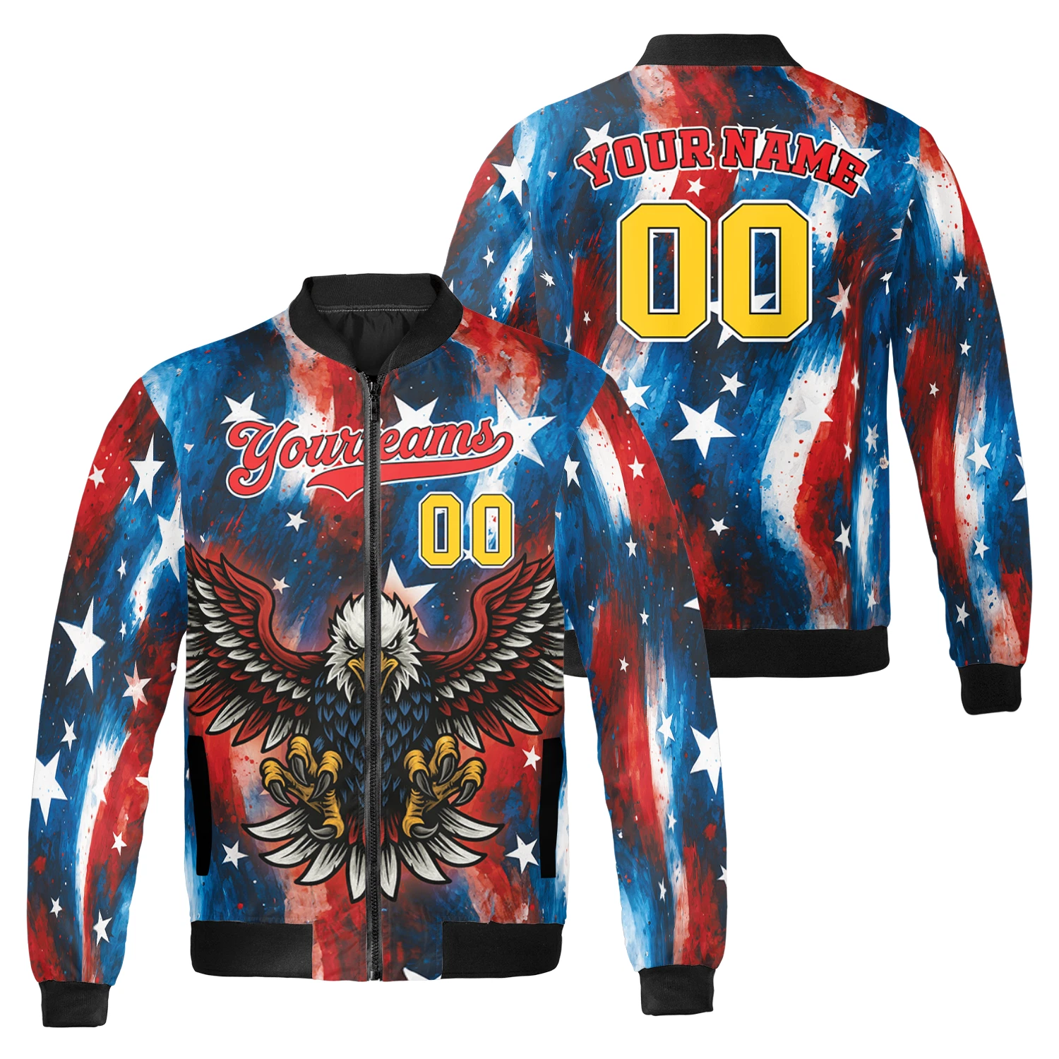 Personalized Eagle USA Flag Patriotic Red White Blue Stars Bomber Jacket