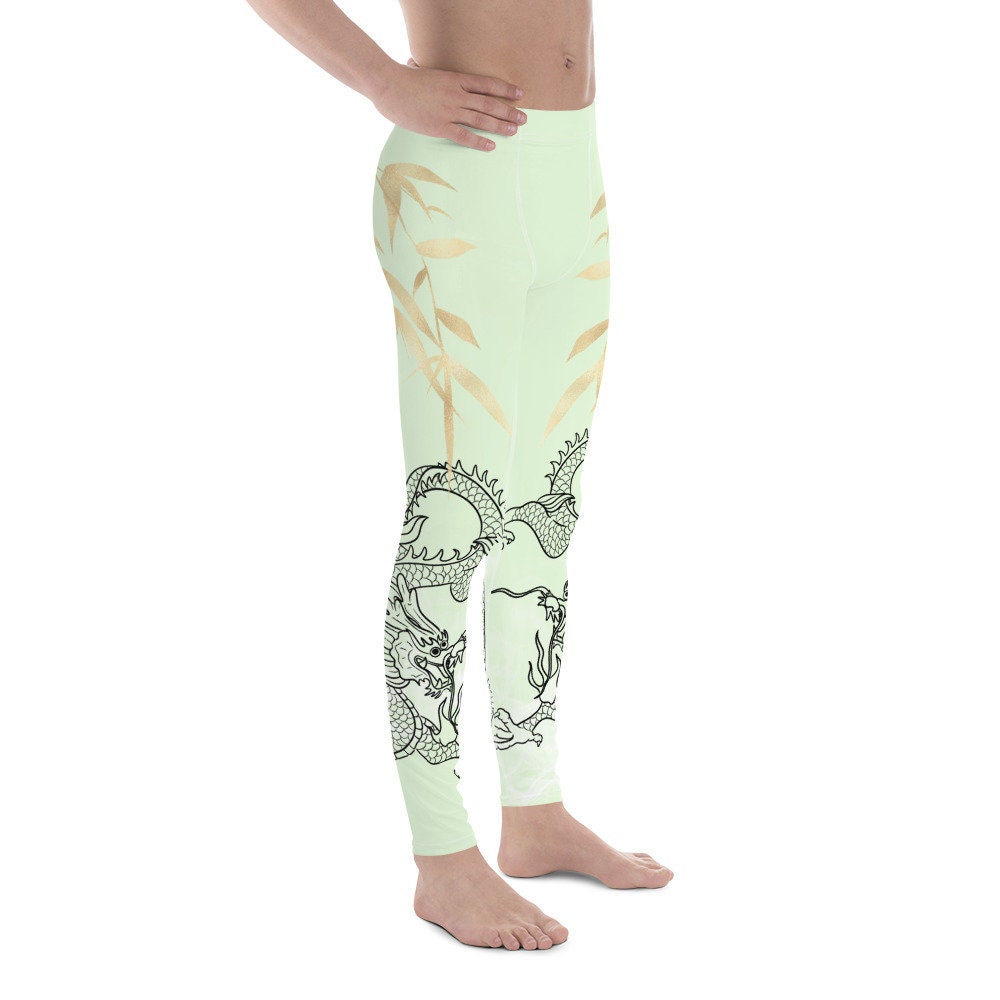 Men's Leggings - Dragon with White Smoke, Gold Leaf, and light dreen background