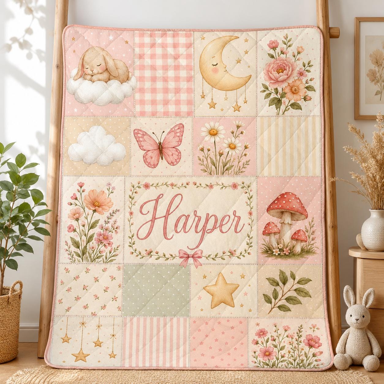 Personalized Bunny Quilt Blanket, Custom Baby Girl Name Moon and Floral Nursery Quilt