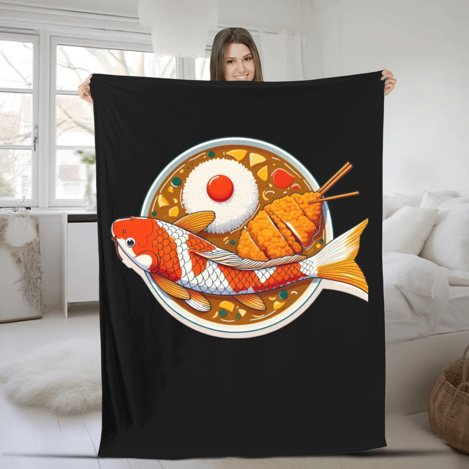 Koi Meets Katsu: An Elegant Japanese Fusion Fleece Blankets