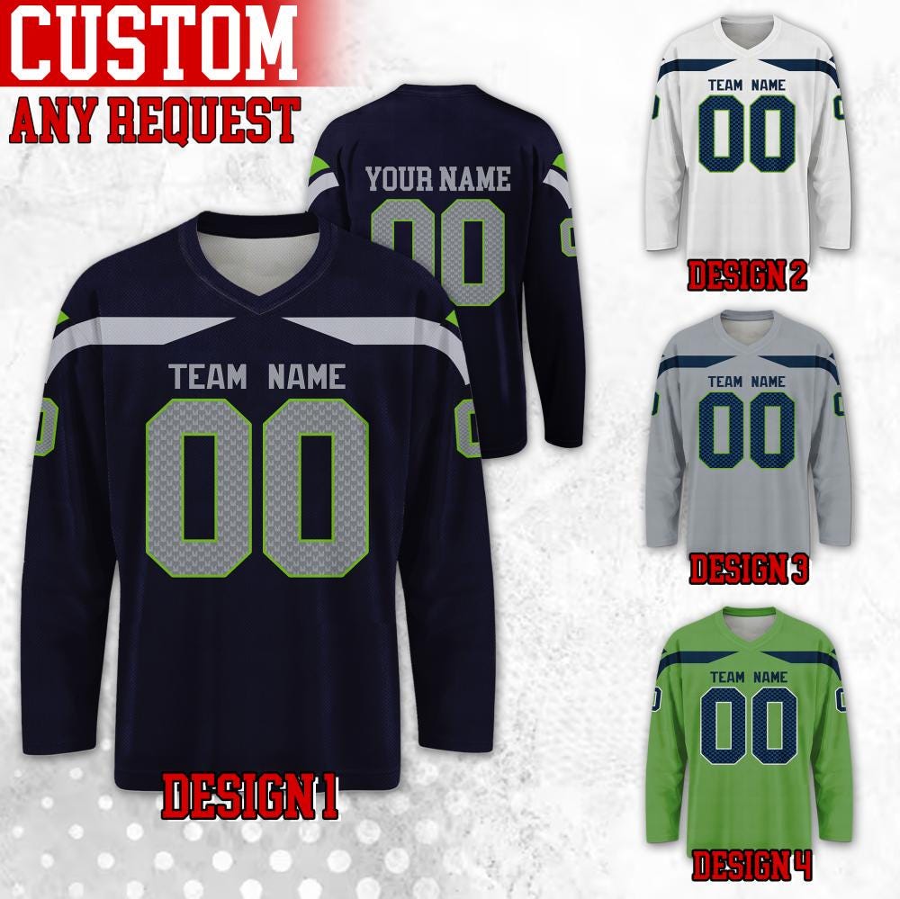 Custom Famous Seattle Football Team Hockey Jersey, Custom Name Number Team Seahawk Long Sleeve Jersey, Gift For Birthday