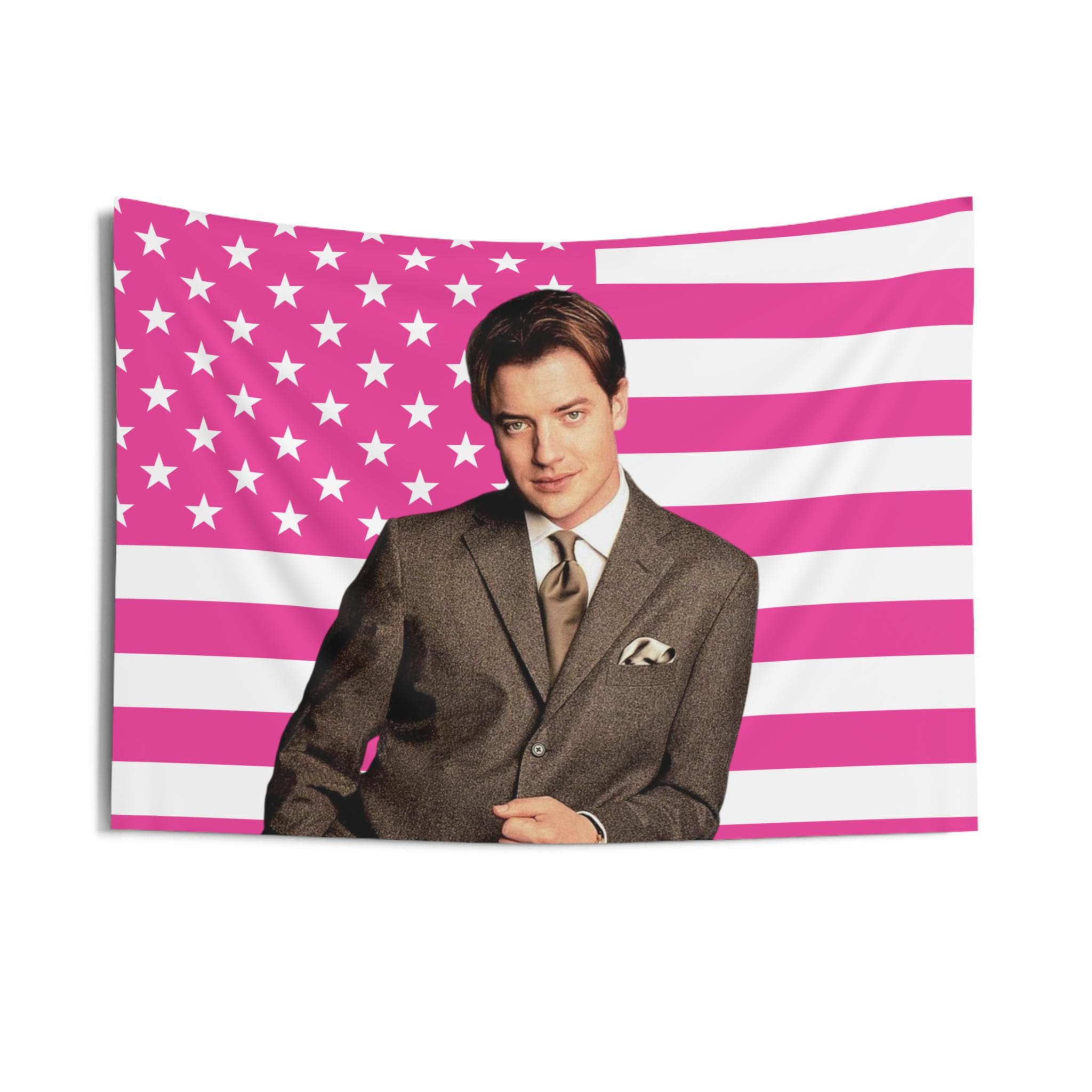 Brendan Fraser style icon Tapestries, Brendan Fraser Pink Flag, Brendan Fraser Indoor Wall Tapestries