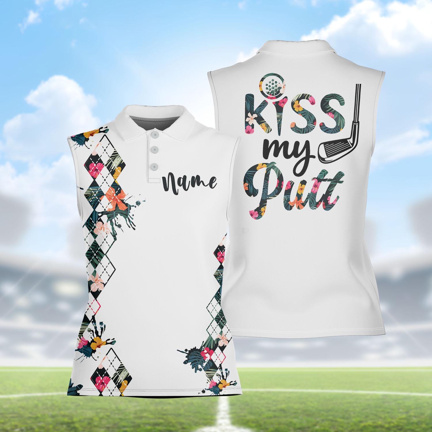 Women's Sleeveless Golf Polo Shirt, Custom Kiss My Putt Argyle Team Top, Personalized Funny Golf Apparel