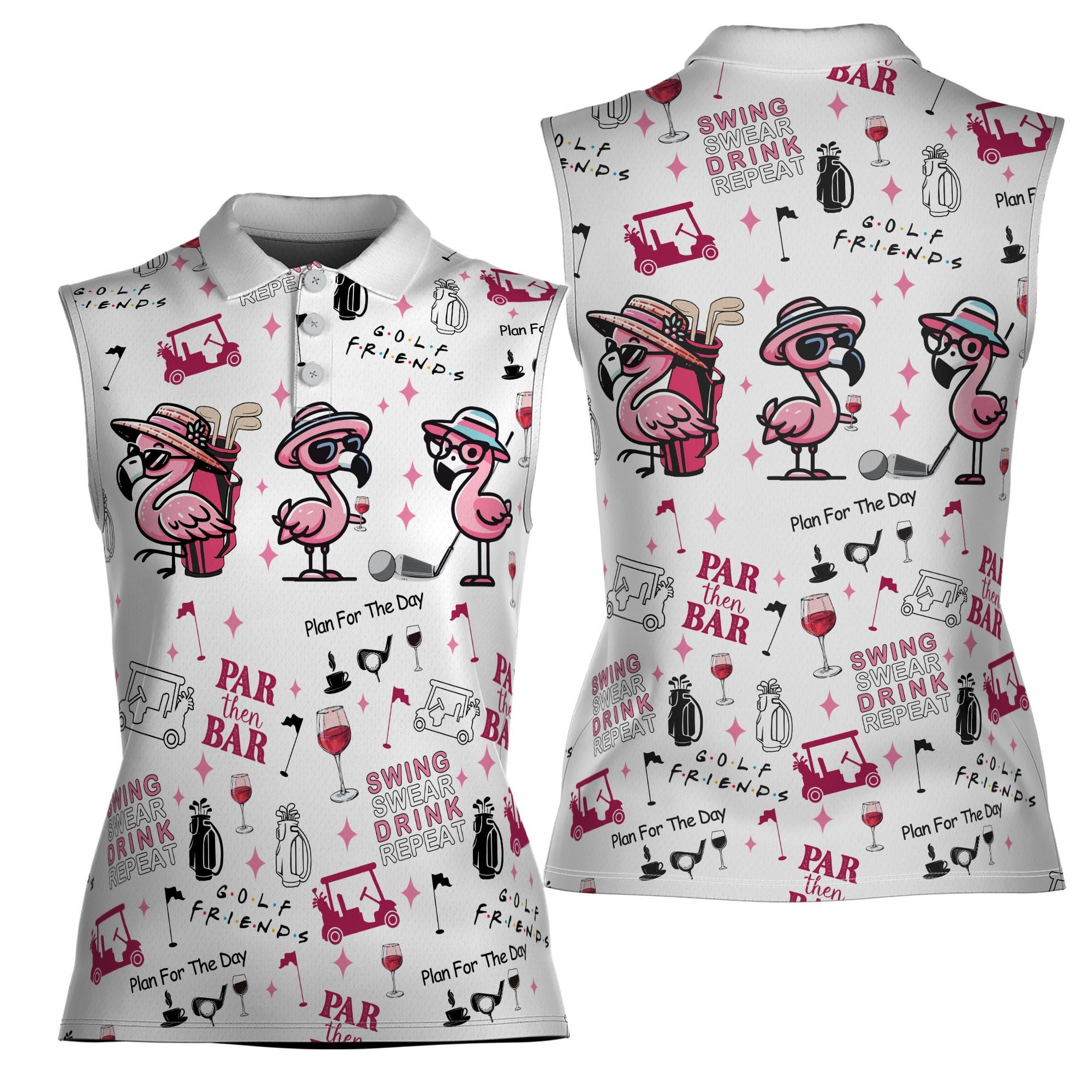 Women Sleeveless Polo Shirt with Flamingo Pattern