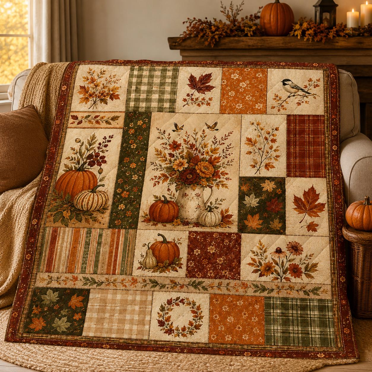 Fall Printed Autumn Patchwork Quilt Blanket, Pumpkin Floral Throw Blanket, Farmhouse Thanksgiving Couch Blanket