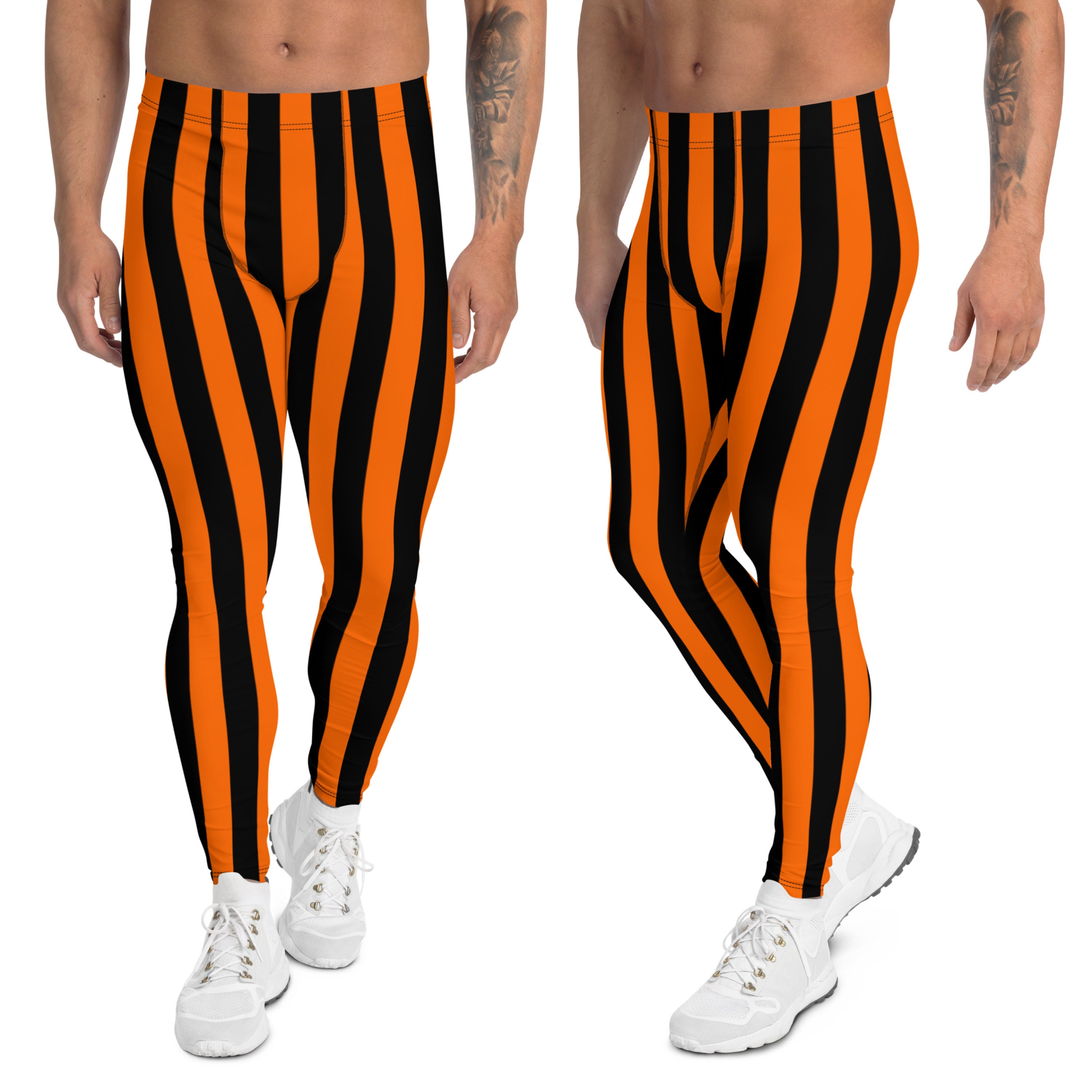 Halloween Black Orange Striped Men's Leggings Meggings for Costum Cosplay