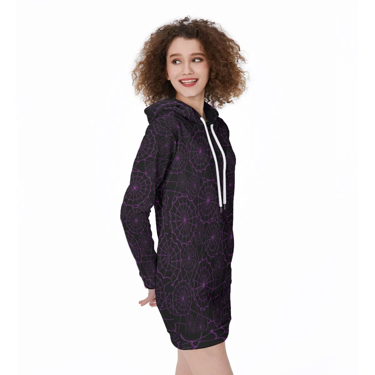 Gothic Purple Spiderwebs Halloween Hoodie Dress Long Sleeve, Halloween Cosplay Costume, Gift For Women