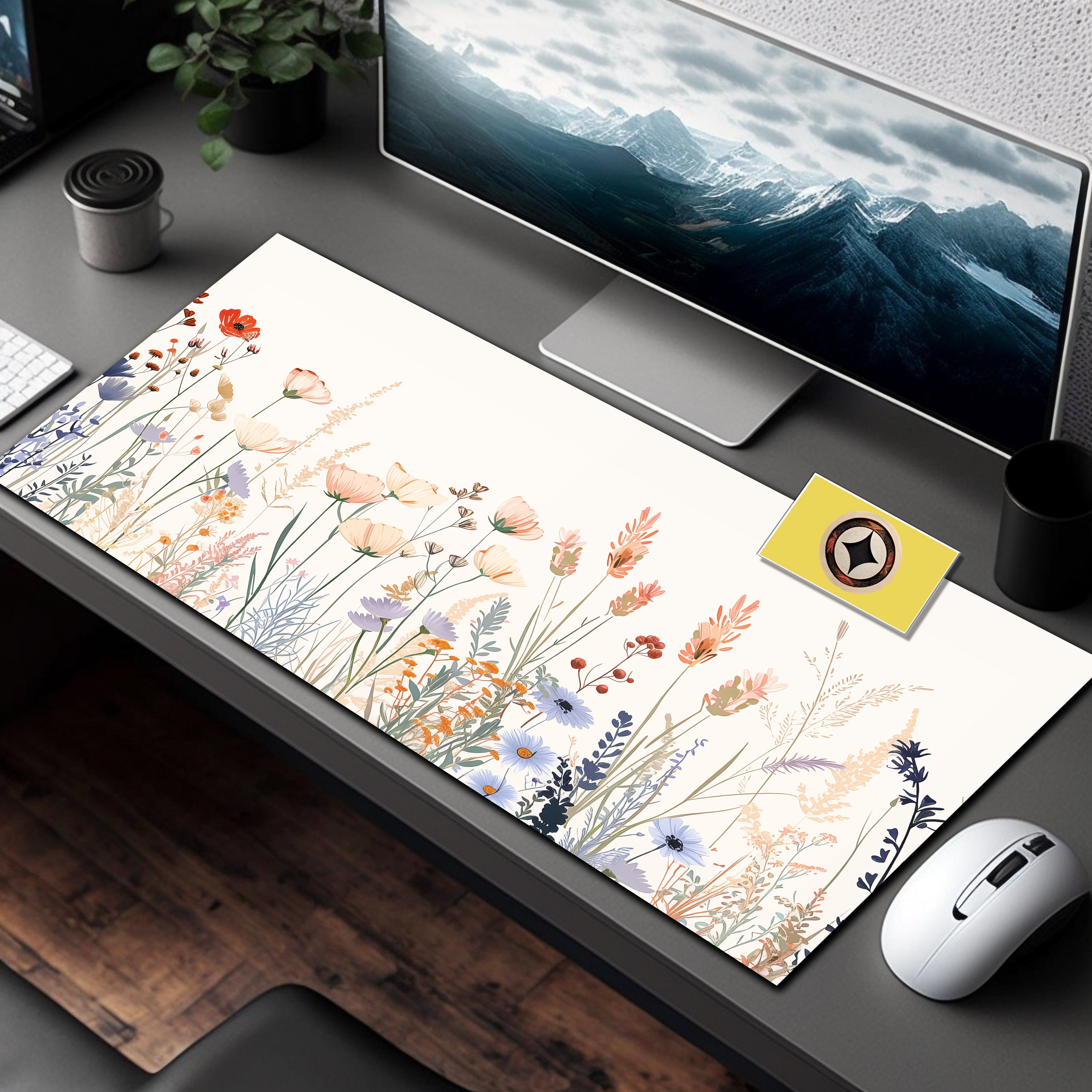 Boho Wildflowers Desk Mat, Floral Office Desk Cover, Minimalist Desk Accessories