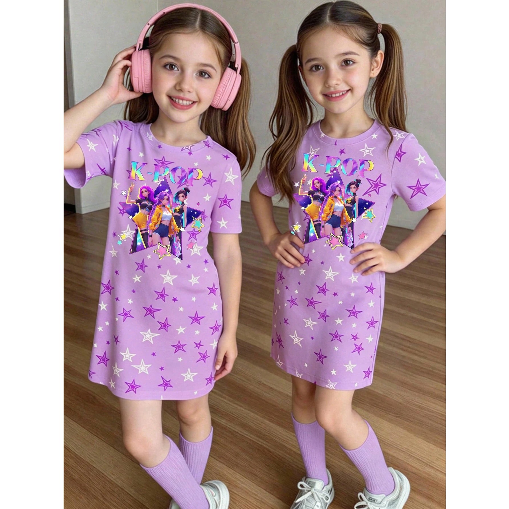 Little Girl Lavender Purple Star Full Print Kpop Demon Hunter T-shirt Dress, Summer Short Sleeve Dress Gift