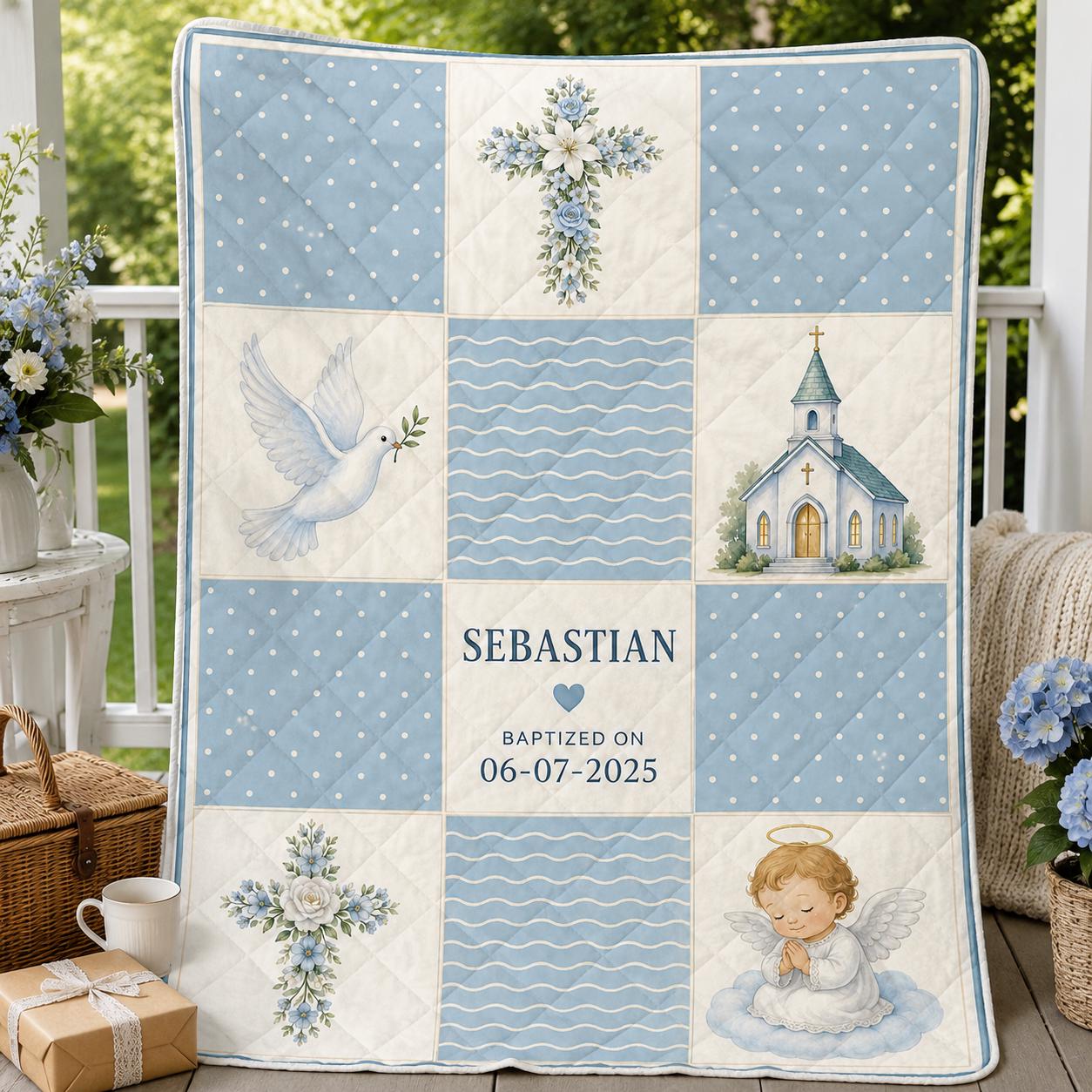 Personalized Baptism Quilt, Blue Christian Baby Boy Christening Blanket with Custom Name and Date