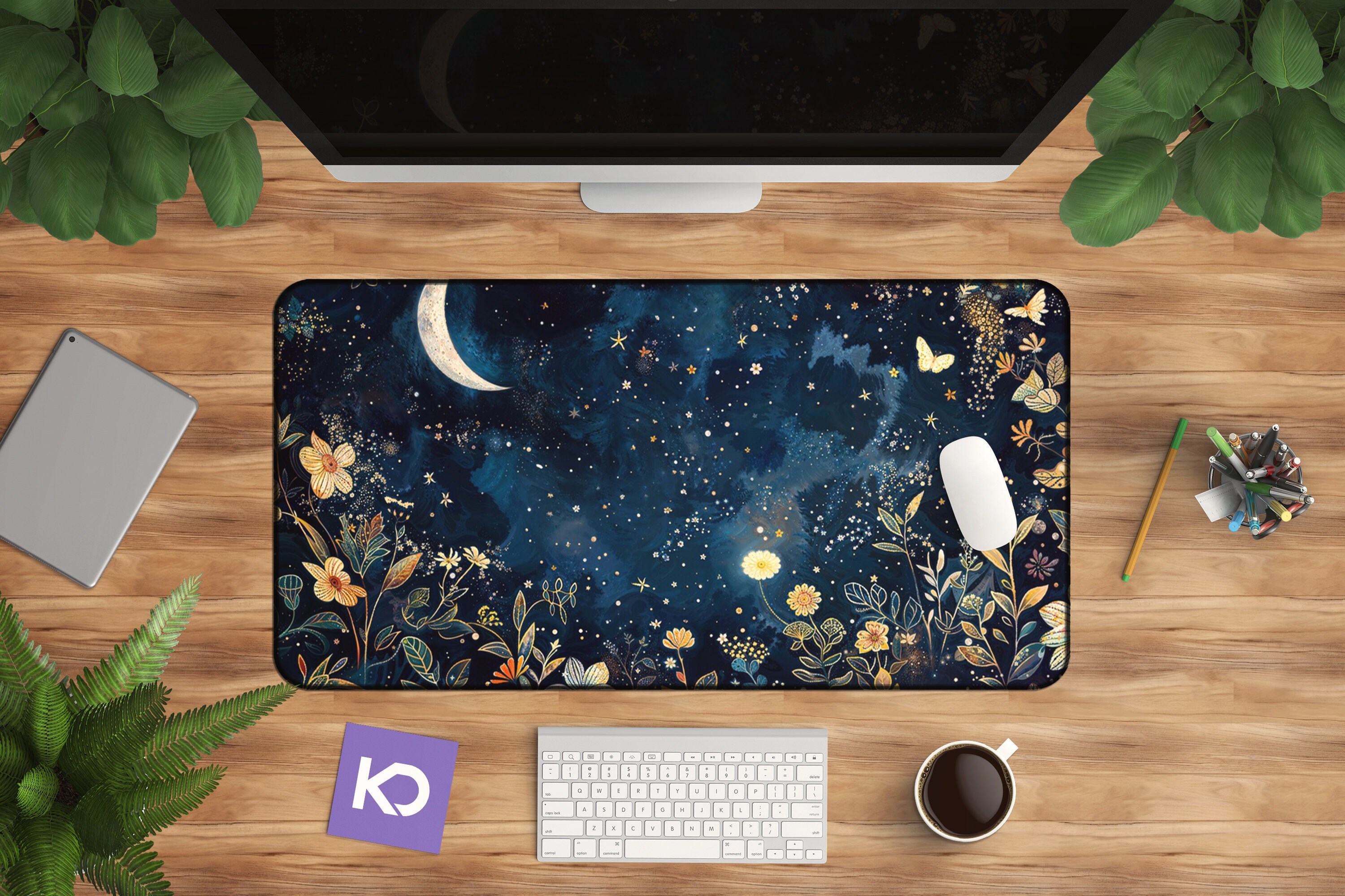 Celestial Desk Mat - Floral Moon and Stars Design for Office Decor
