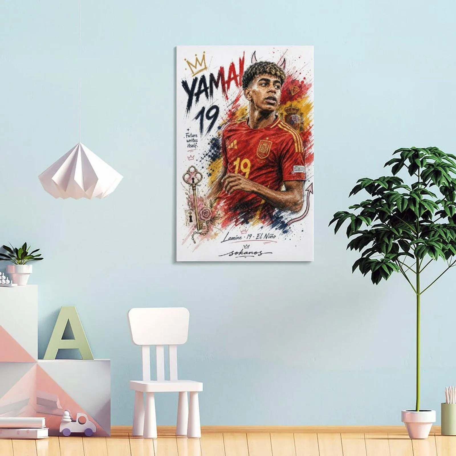 Lamine Yamal Canvas Poster, Spain Football Wall Art, Red Yellow Soccer Player Illustration, Sports Bedroom Canvas Decor