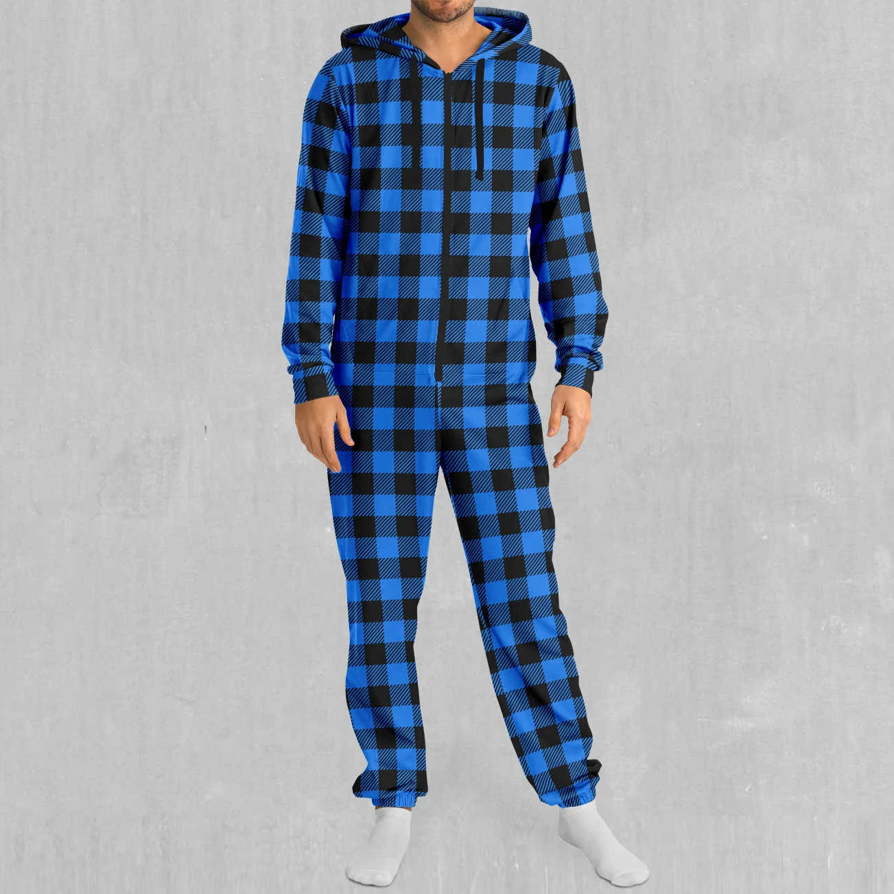 Blue Checkered Plaid Adult Zip Up Jumpsuit Pajamas